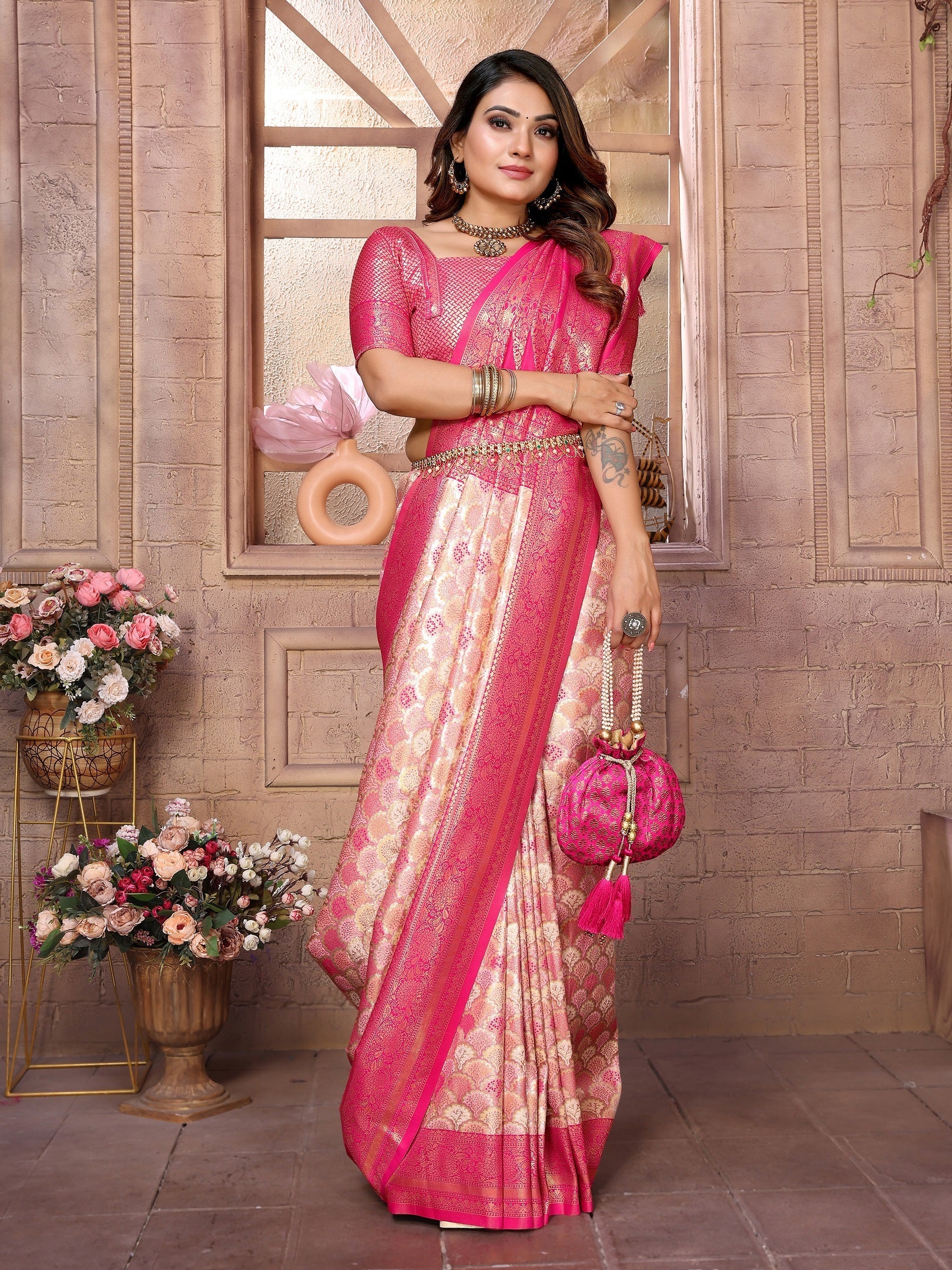 Vedant Vastram Soft Litchi Silk Kanjeevaram Silk Saree - Cream - Distacart