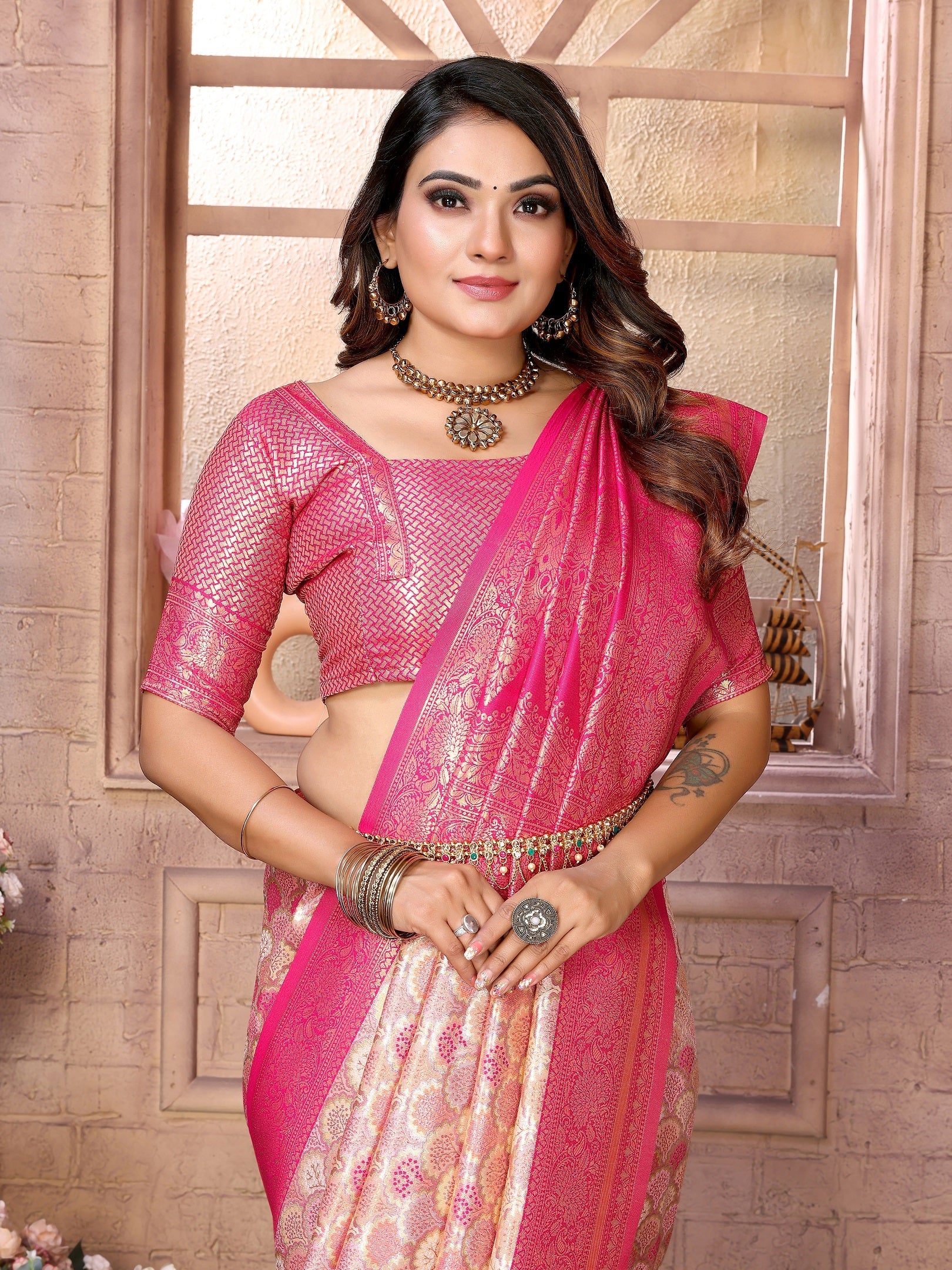 Vedant Vastram Soft Litchi Silk Kanjeevaram Silk Saree - Cream - Distacart