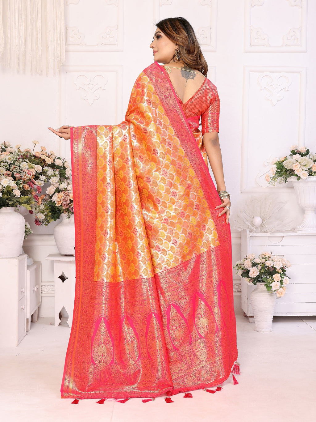 Vedant Vastram Soft Litchi Silk Kanjeevaram Silk Saree - Mustard - Distacart