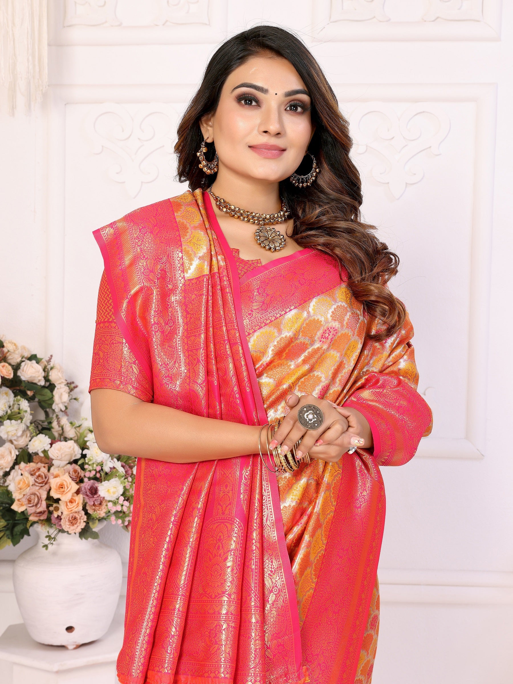 Vedant Vastram Soft Litchi Silk Kanjeevaram Silk Saree - Mustard - Distacart