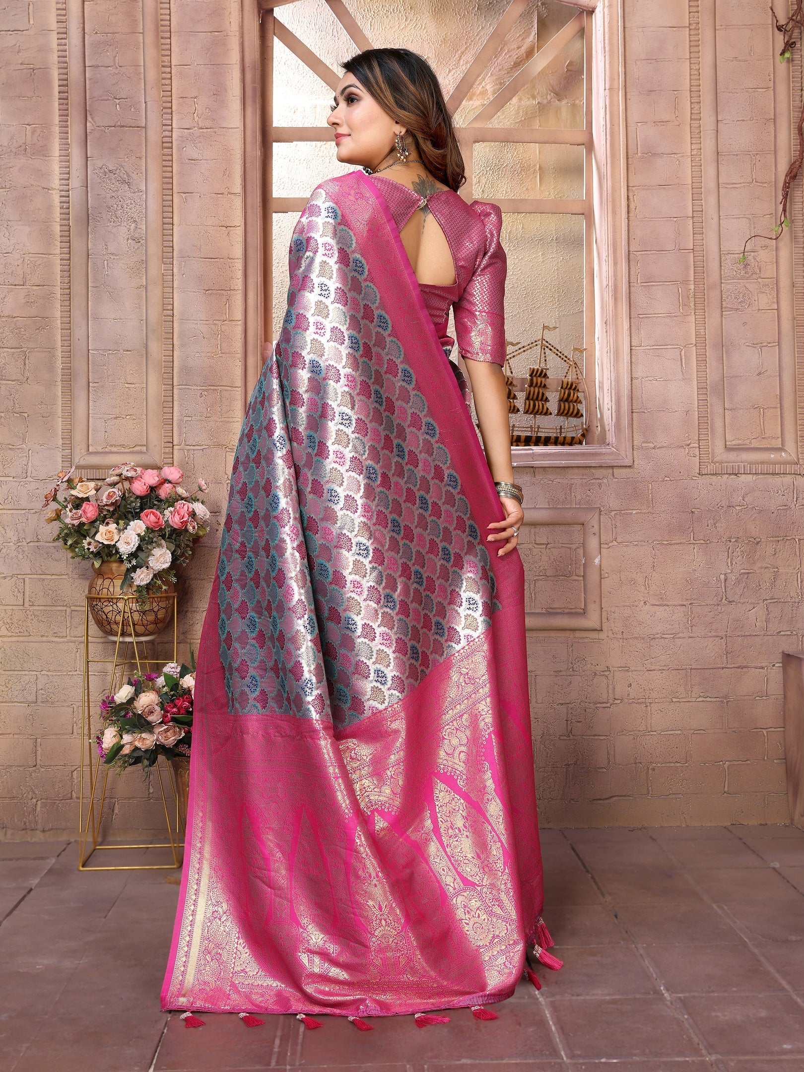Vedant Vastram Soft Litchi Silk Kanjeevaram Silk Saree - Pink - Distacart