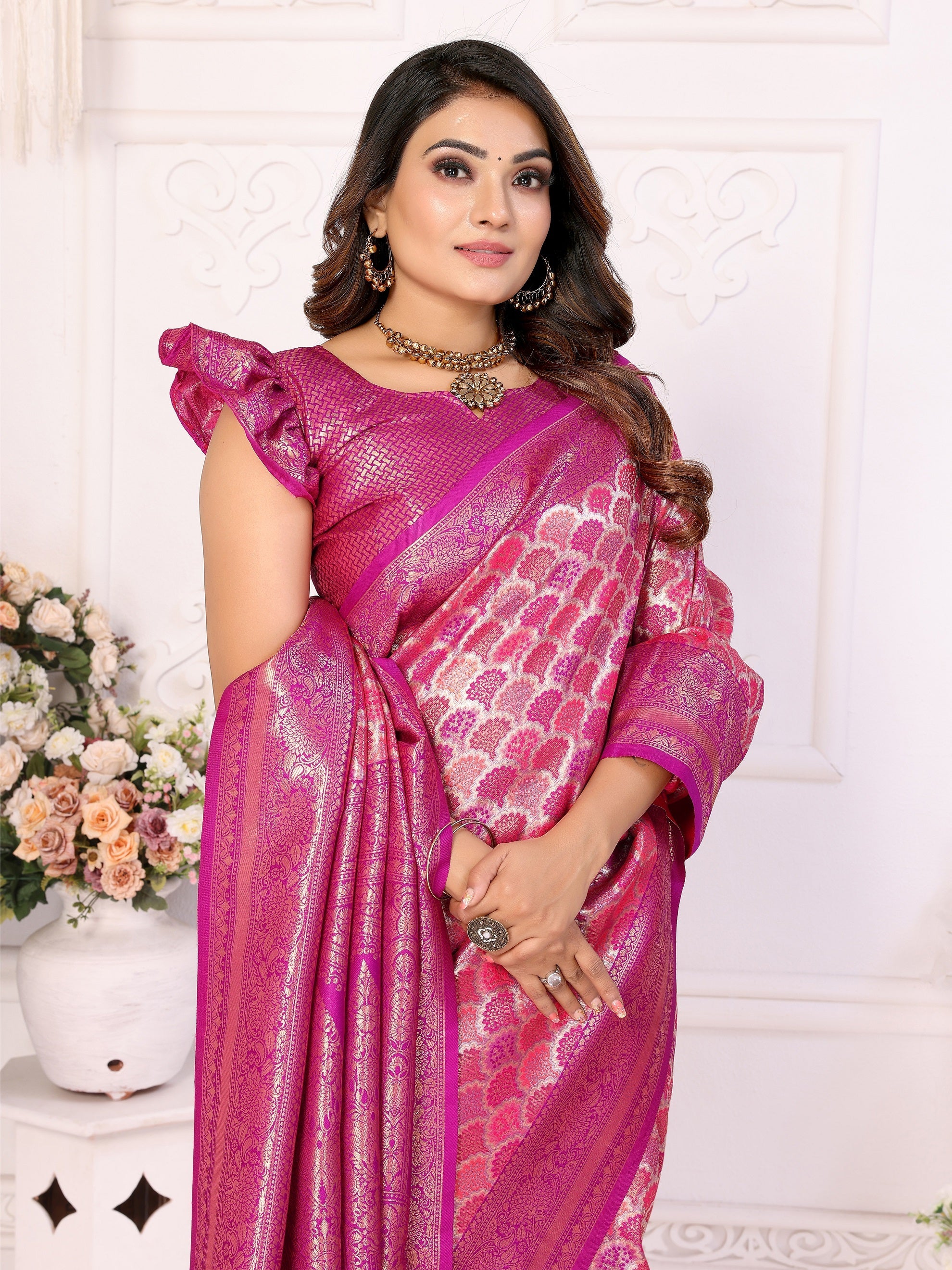 Vedant Vastram Soft Litchi Silk Kanjeevaram Silk Saree - Rani - Distacart