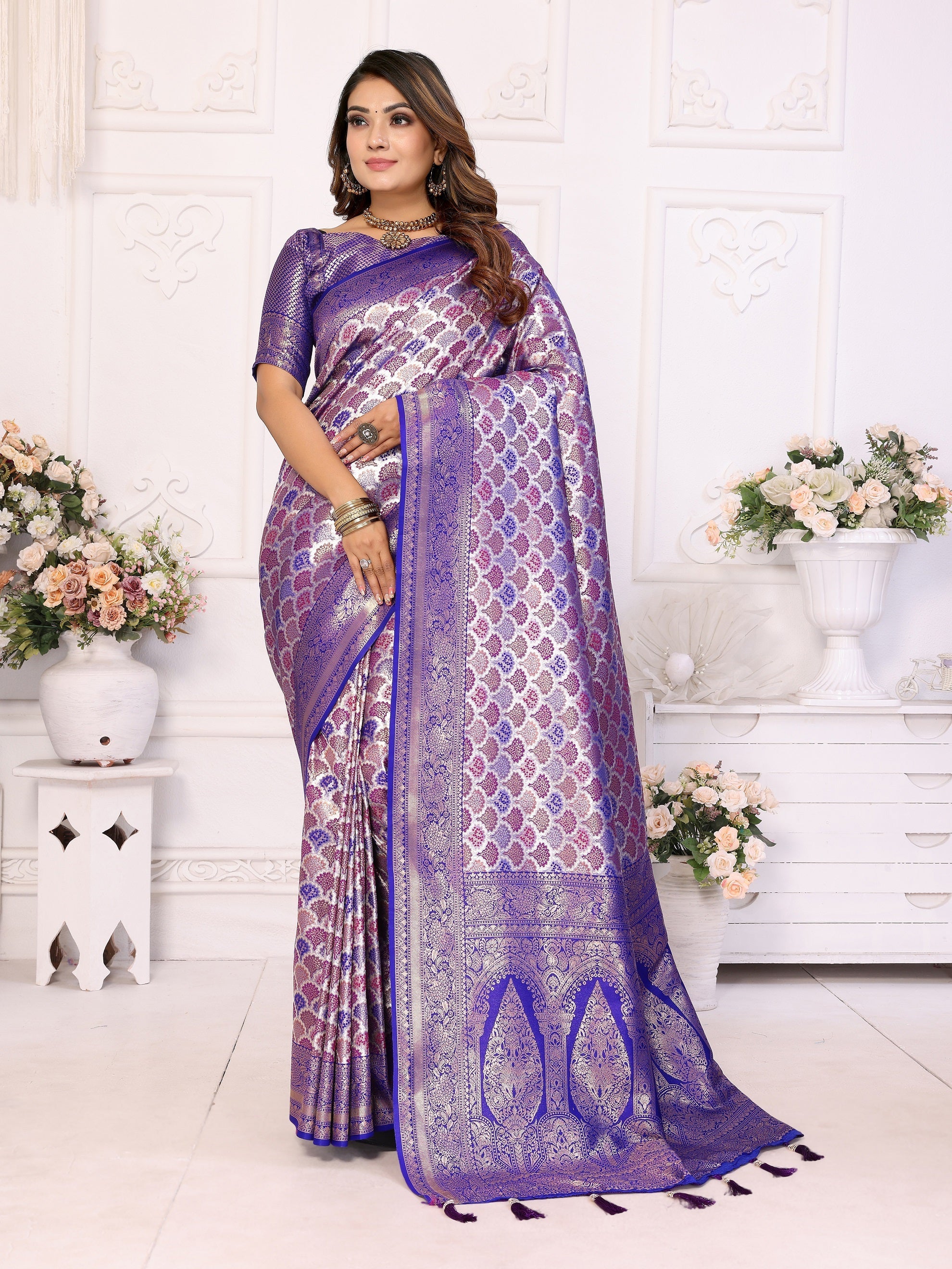 Vedant Vastram Soft Litchi Silk Kanjeevaram Silk Saree - Royal Blue - Distacart