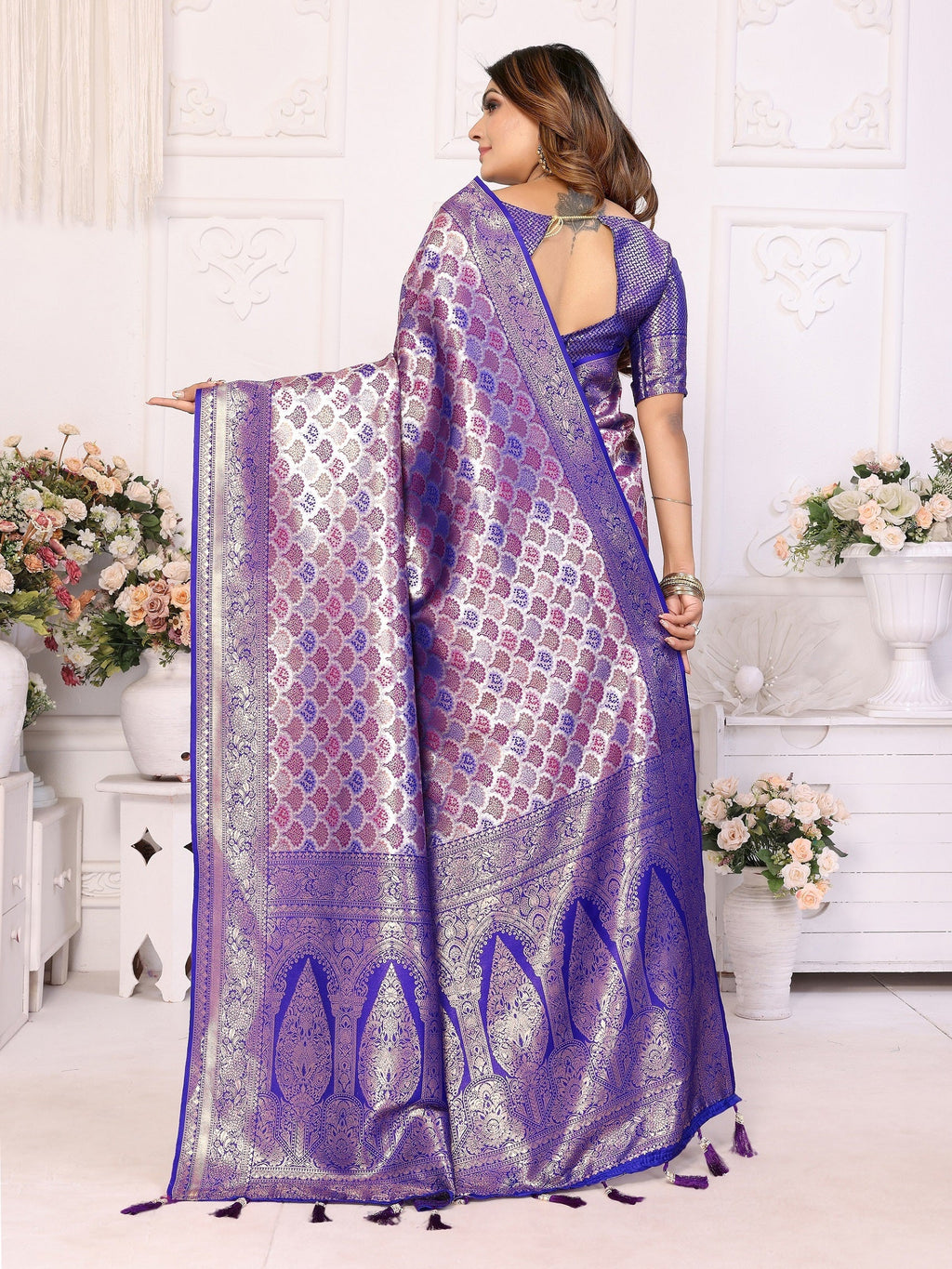 Vedant Vastram Soft Litchi Silk Kanjeevaram Silk Saree - Royal Blue - Distacart