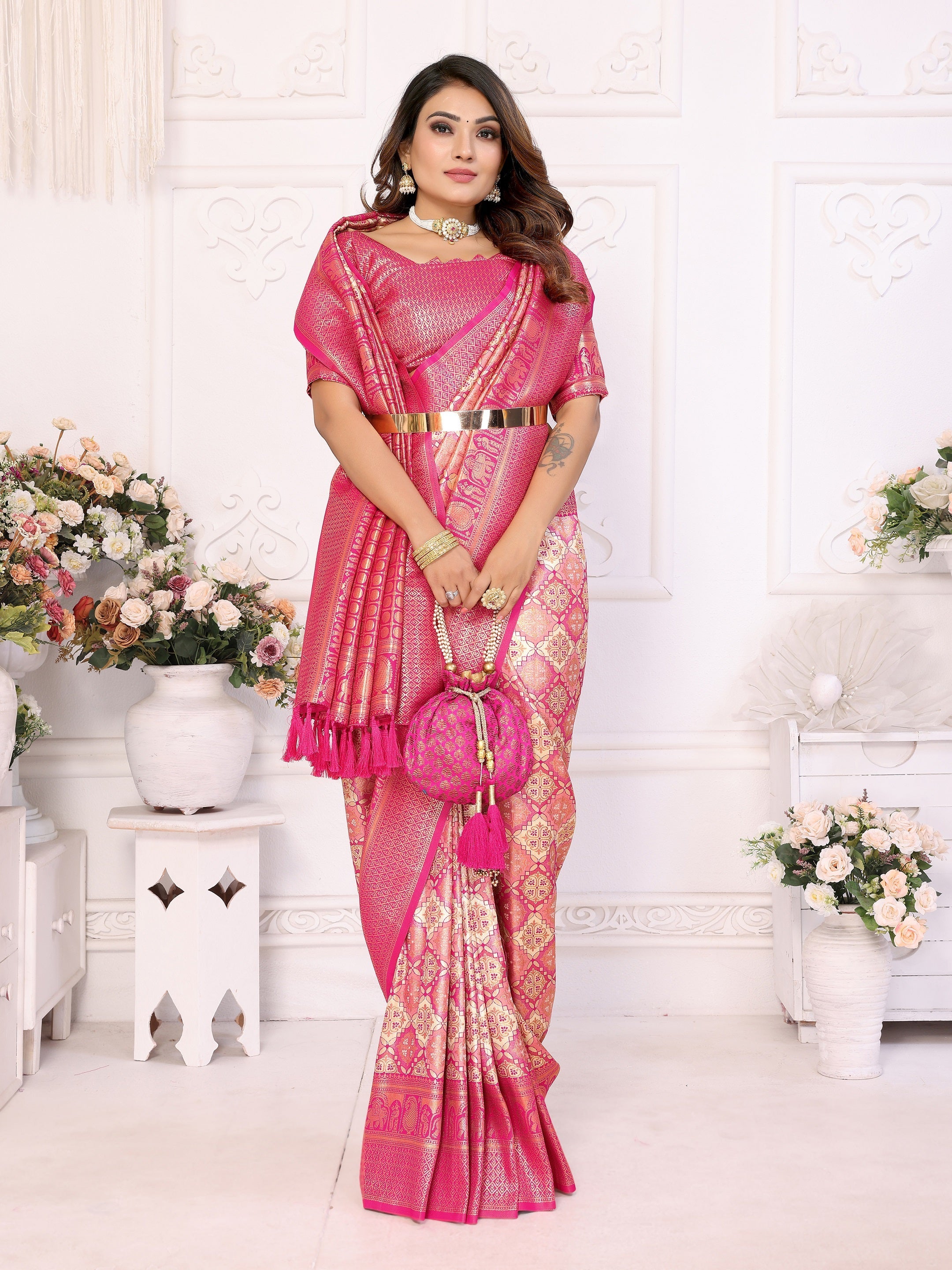 Vedant Vastram Soft Litchi Silk Kanjeevaram Silk Saree - Beige - Distacart