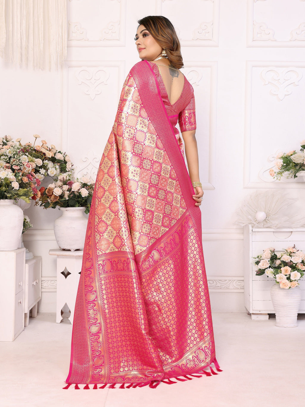 Vedant Vastram Soft Litchi Silk Kanjeevaram Silk Saree - Beige - Distacart