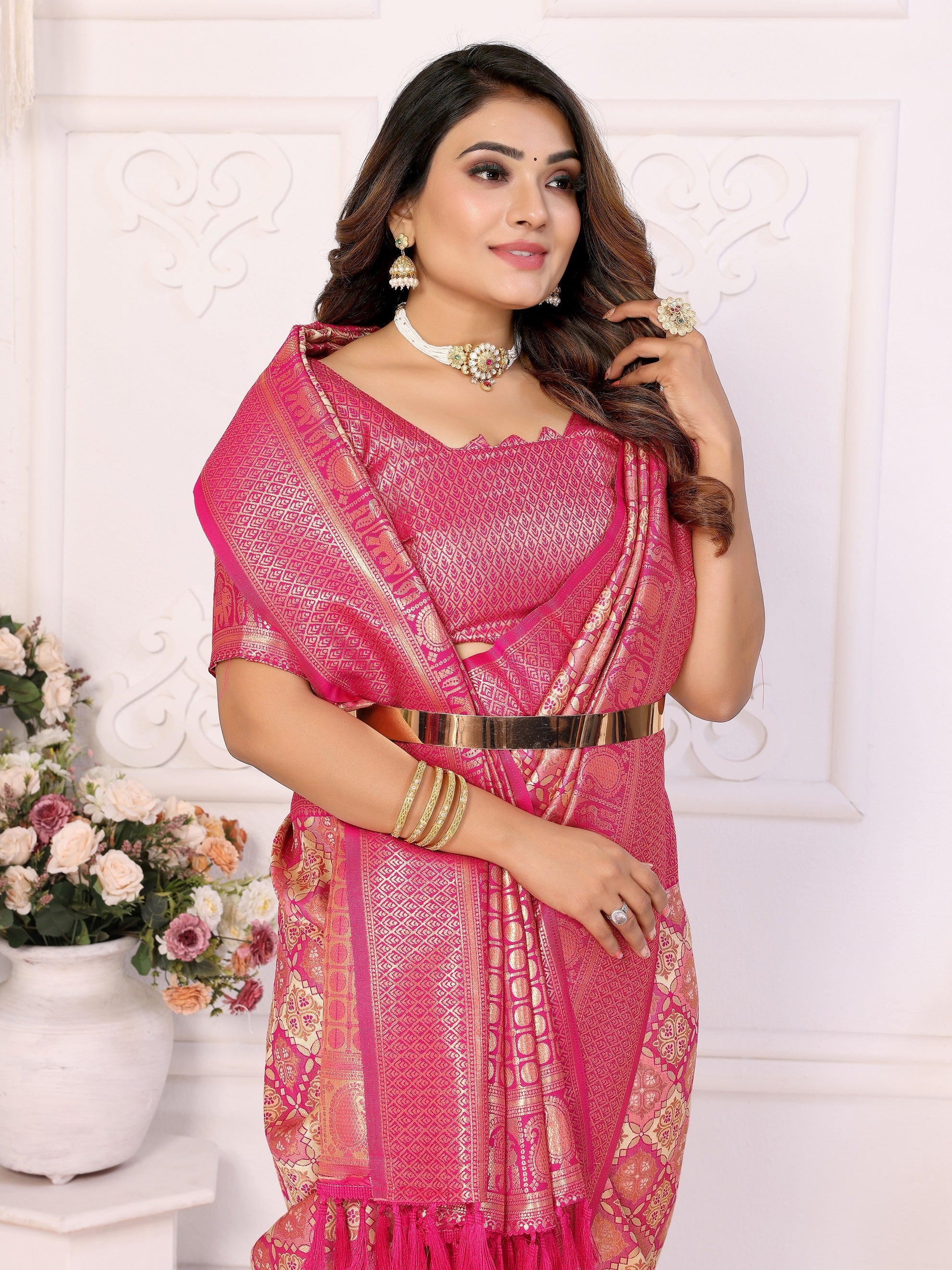 Vedant Vastram Soft Litchi Silk Kanjeevaram Silk Saree - Beige - Distacart