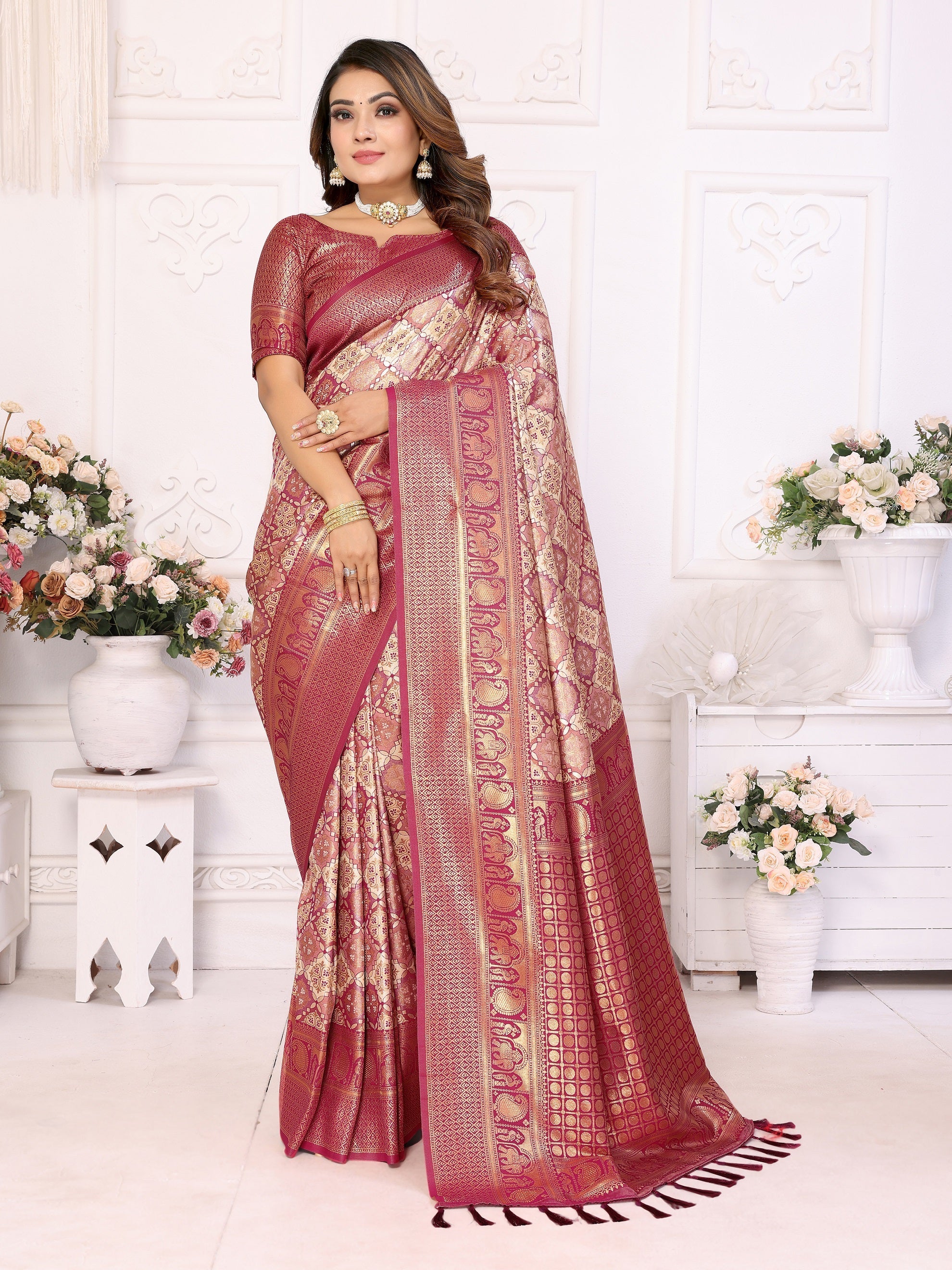 Vedant Vastram Soft Litchi Silk Kanjeevaram Silk Saree - Maroon