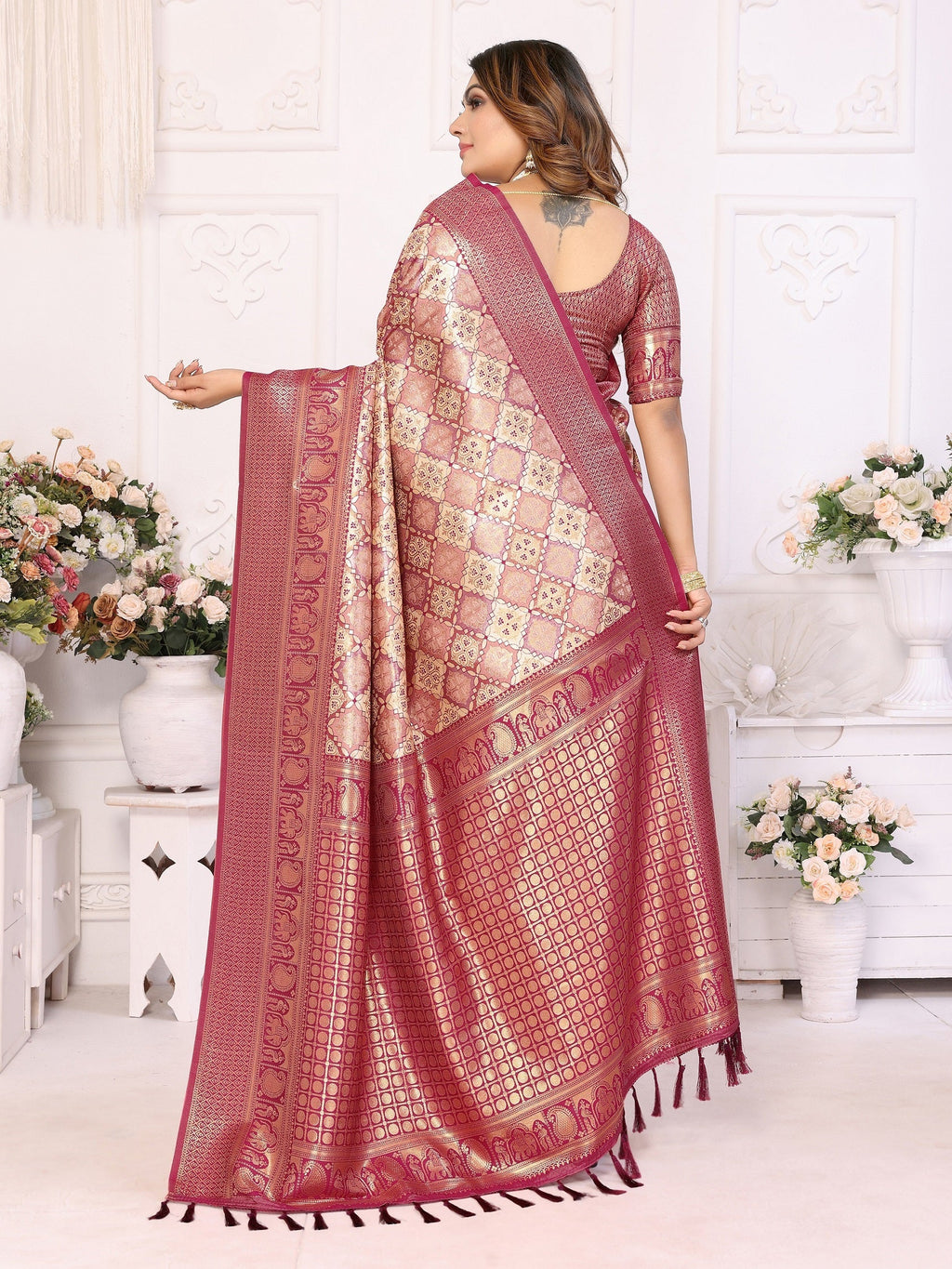 Vedant Vastram Soft Litchi Silk Kanjeevaram Silk Saree - Maroon