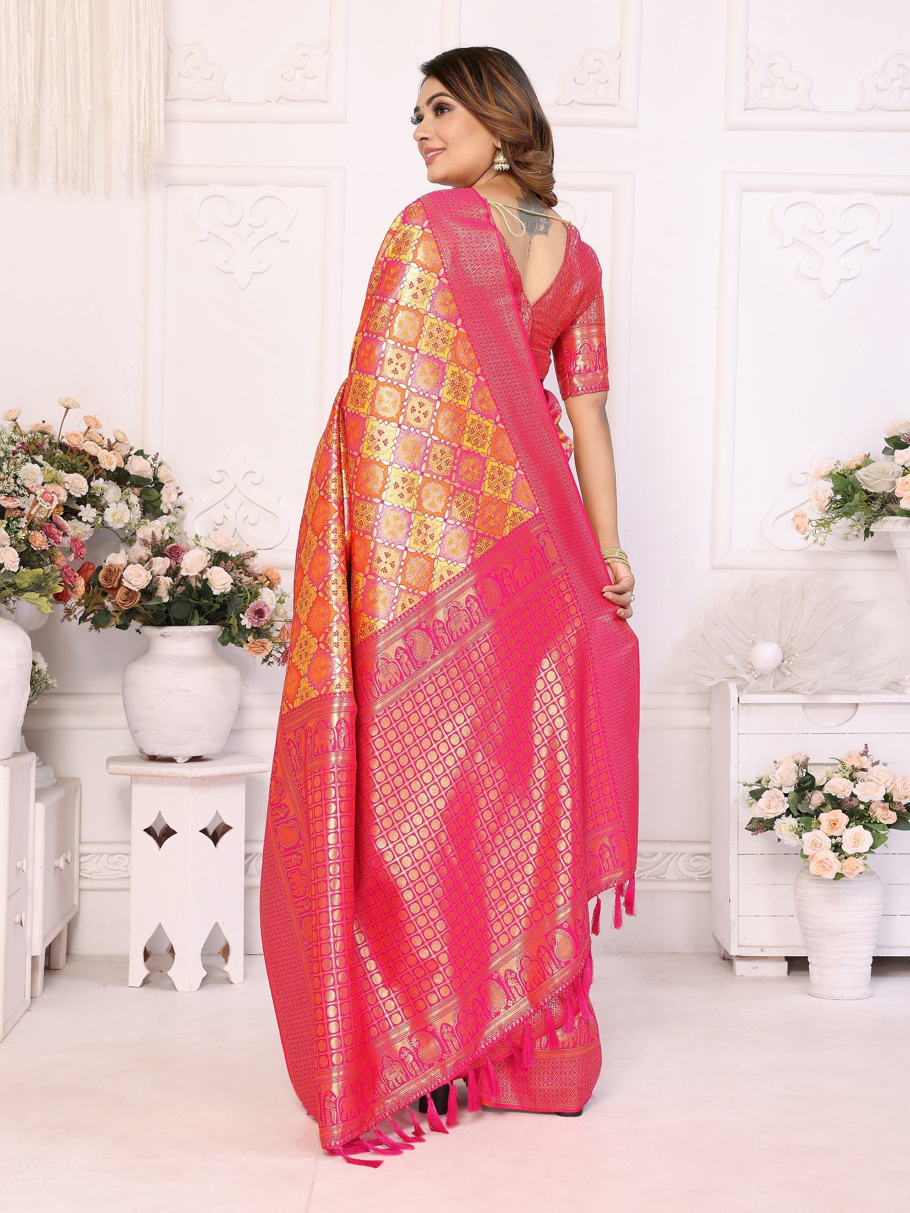 Vedant Vastram Soft Litchi Silk Kanjeevaram Silk Saree - Orange - Distacart