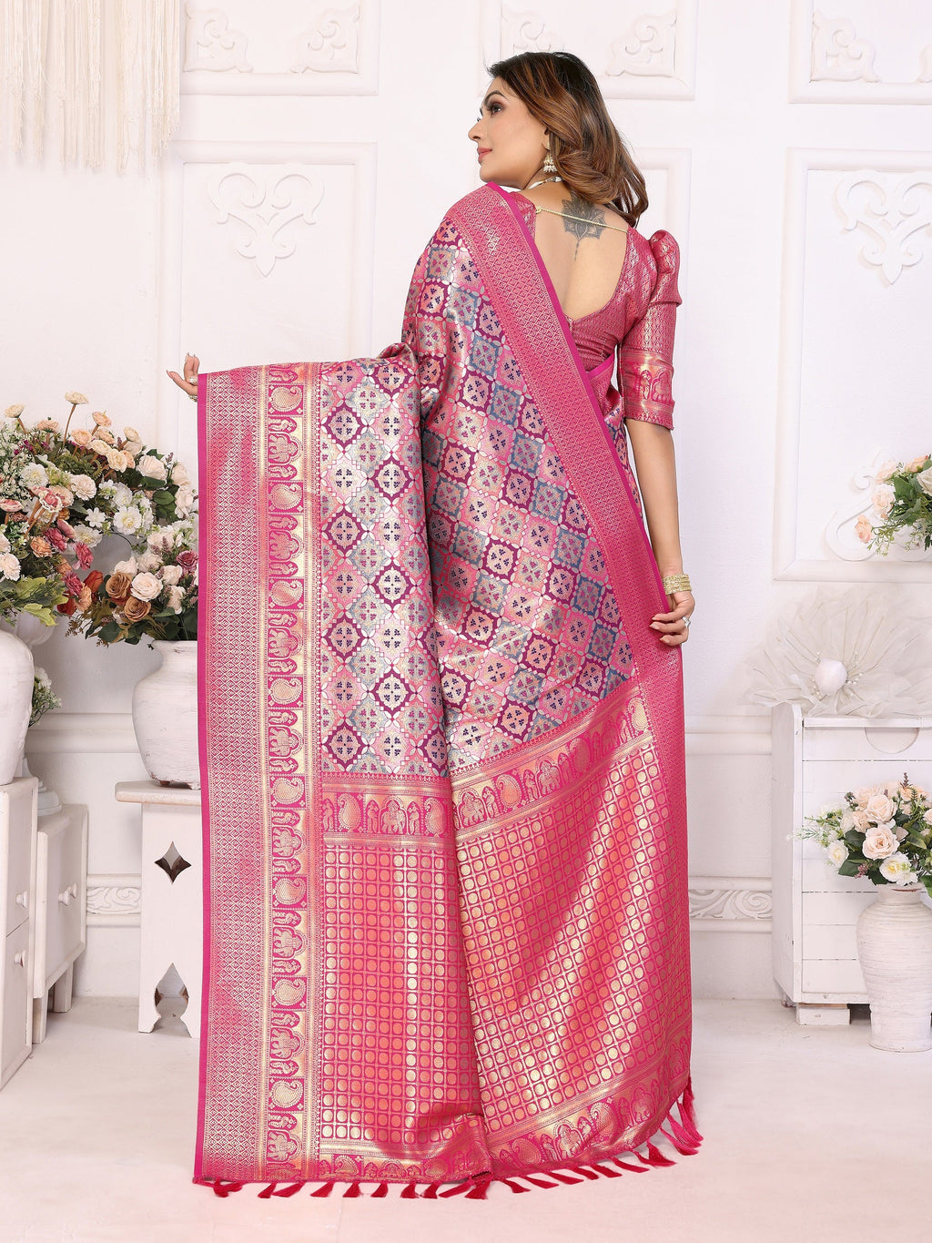Vedant Vastram Soft Litchi Silk Kanjeevaram Silk Saree - Pink - Distacart