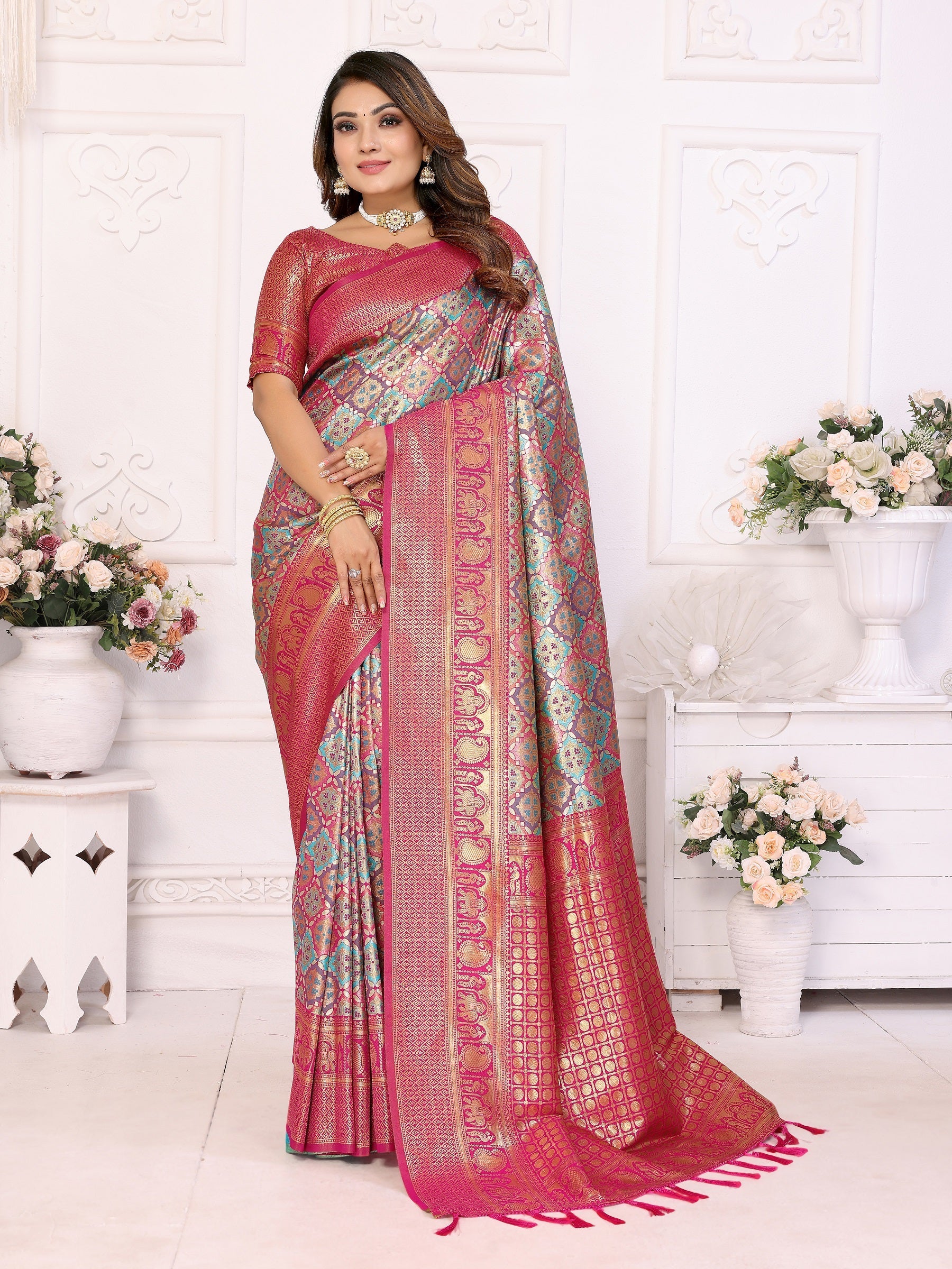 Vedant Vastram Soft Litchi Silk Kanjeevaram Silk Saree - Rama