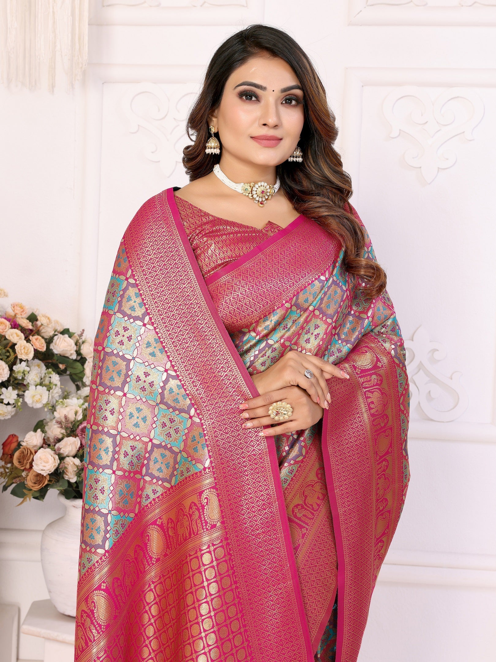 Vedant Vastram Soft Litchi Silk Kanjeevaram Silk Saree - Rama