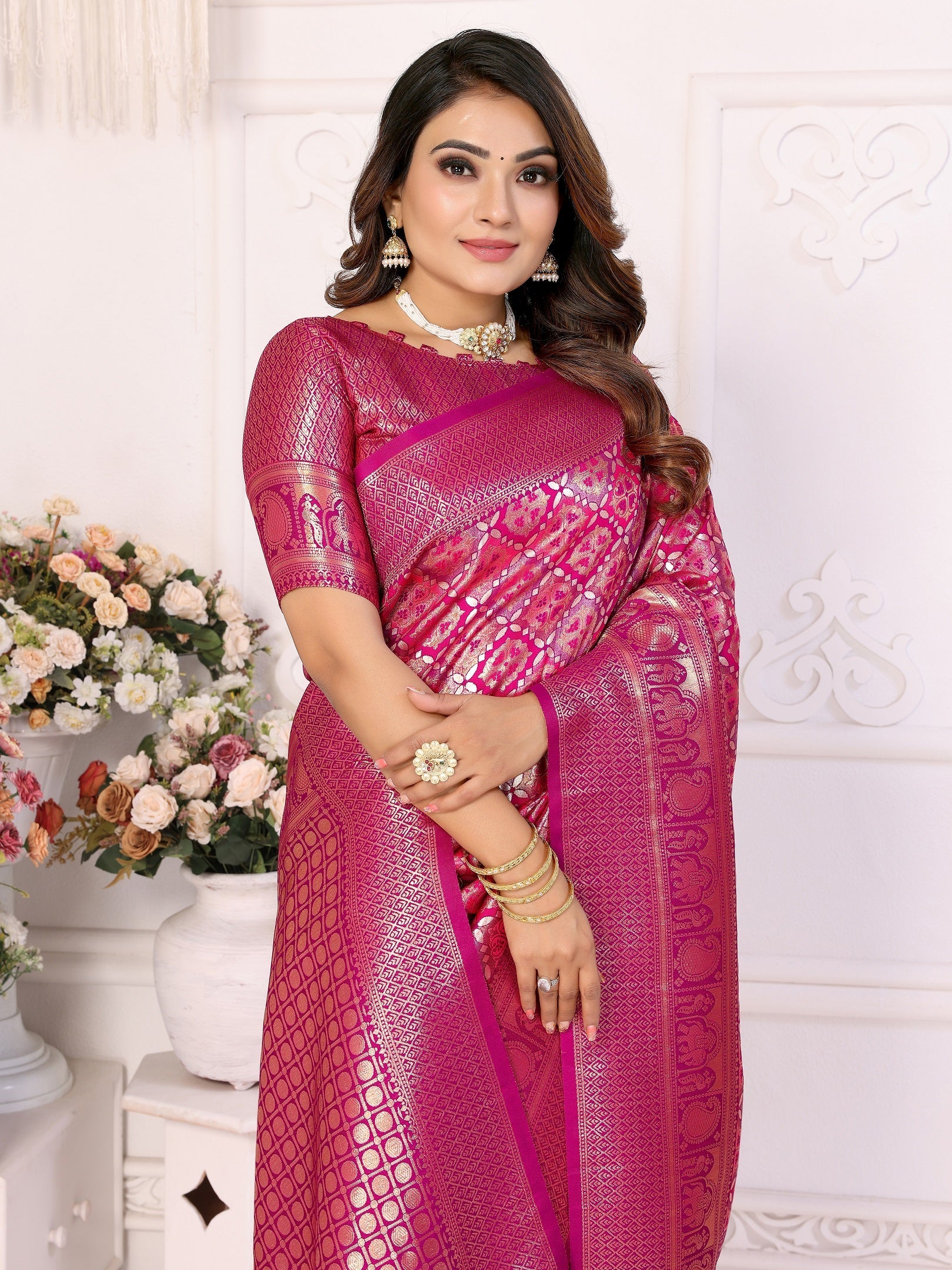 Vedant Vastram Soft Litchi Silk Kanjeevaram Silk Saree - Rani - Distacart