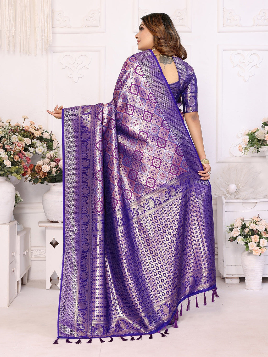 Vedant Vastram Soft Litchi Silk Kanjeevaram Silk Saree - Violet - Distacart