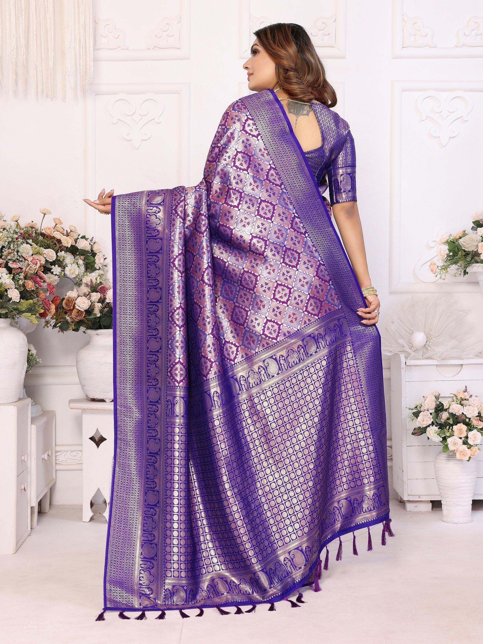Vedant Vastram Soft Litchi Silk Kanjeevaram Silk Saree - Violet - Distacart