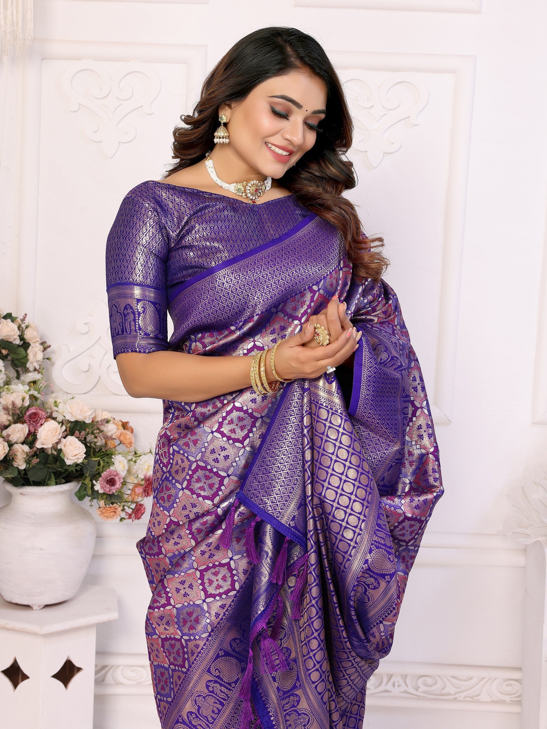 Vedant Vastram Soft Litchi Silk Kanjeevaram Silk Saree - Violet - Distacart