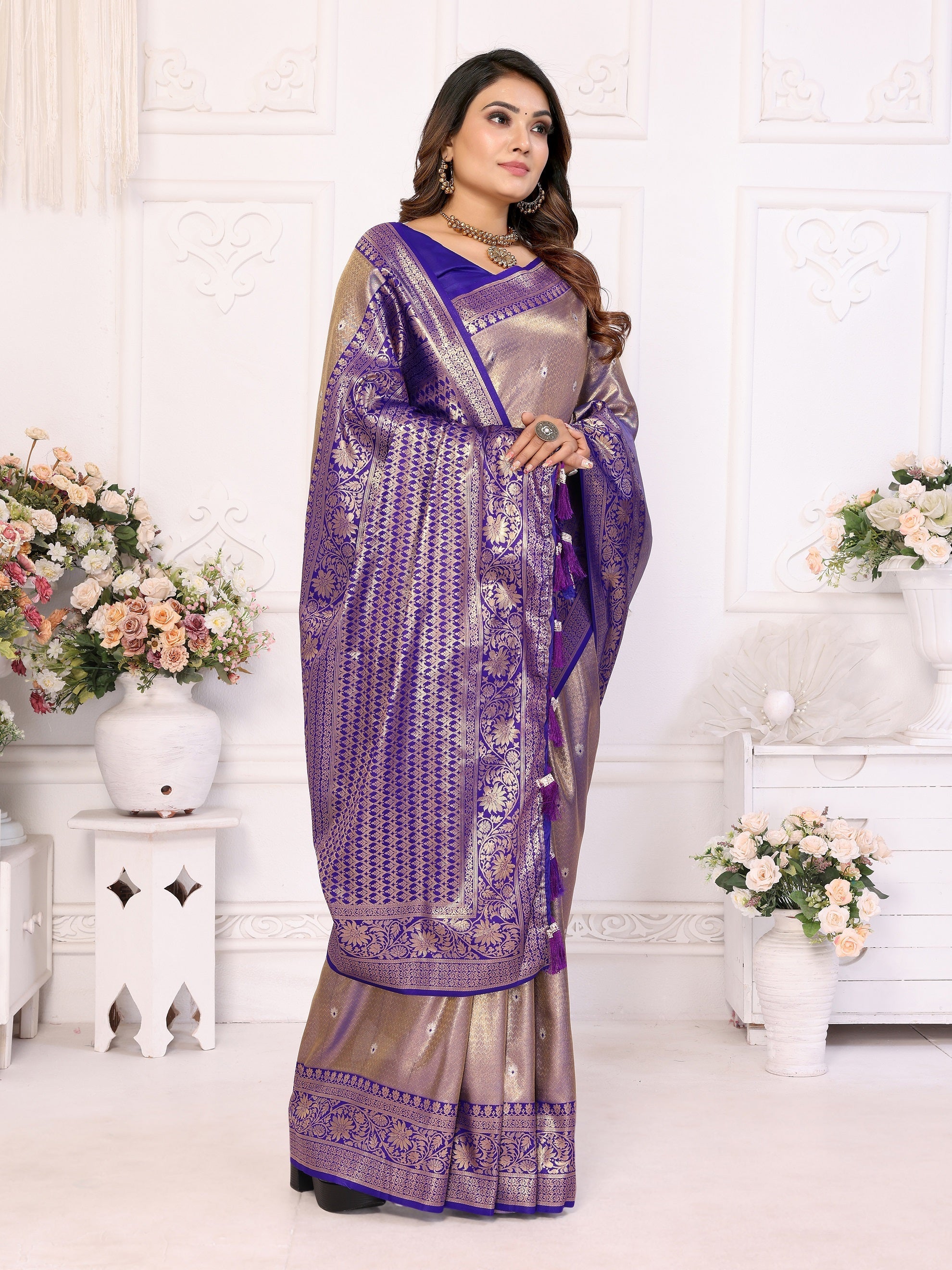 Vedant Vastram Tissue Silk Kanjeevaram Silk Saree - Blue - Distacart