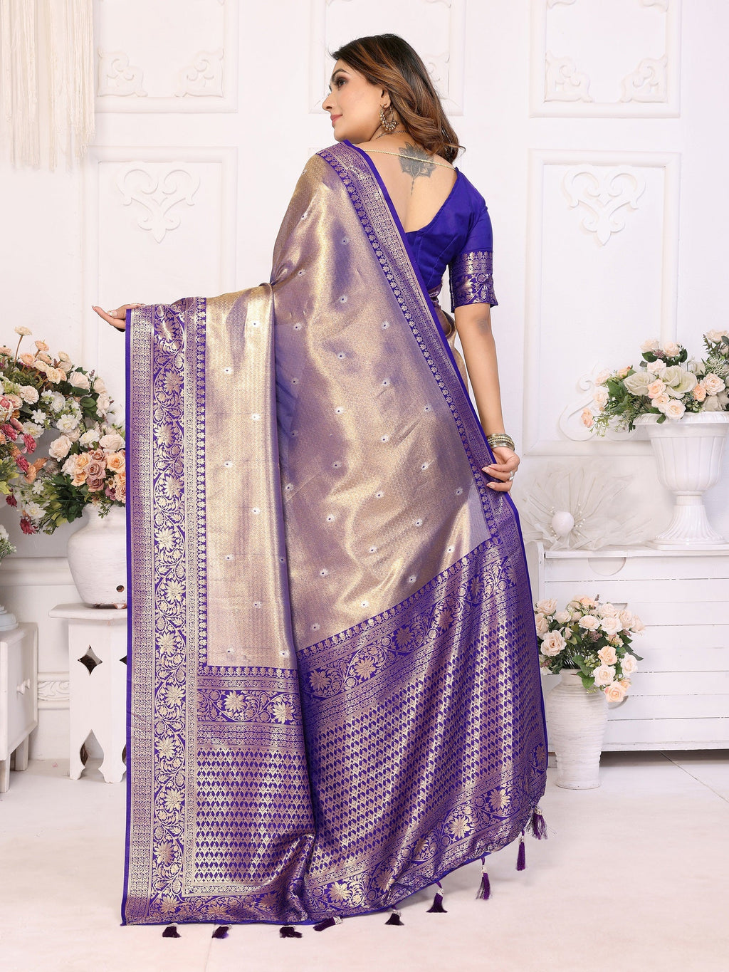 Vedant Vastram Tissue Silk Kanjeevaram Silk Saree - Blue - Distacart