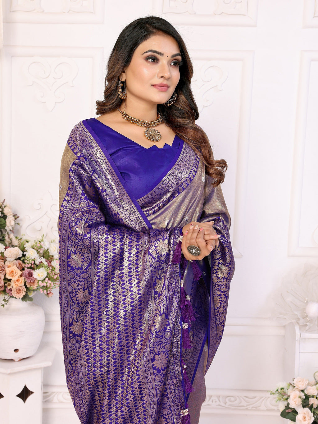 Vedant Vastram Tissue Silk Kanjeevaram Silk Saree - Blue - Distacart