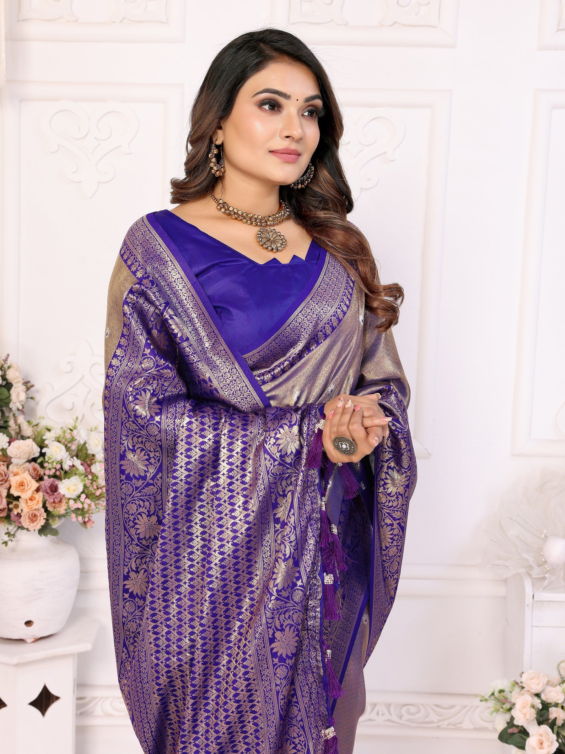 Vedant Vastram Tissue Silk Kanjeevaram Silk Saree - Blue - Distacart