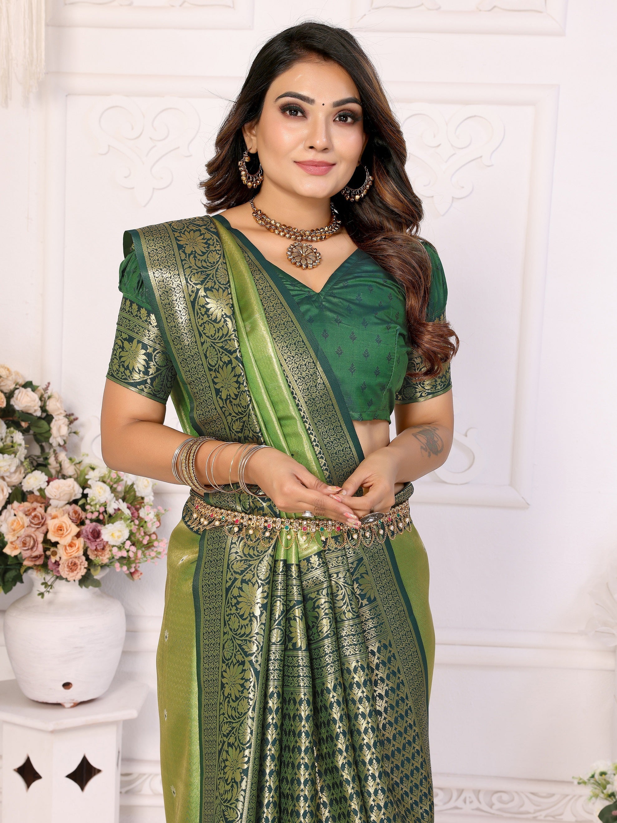 Vedant Vastram Tissue Silk Kanjeevaram Silk Saree - Mahendi - Distacart