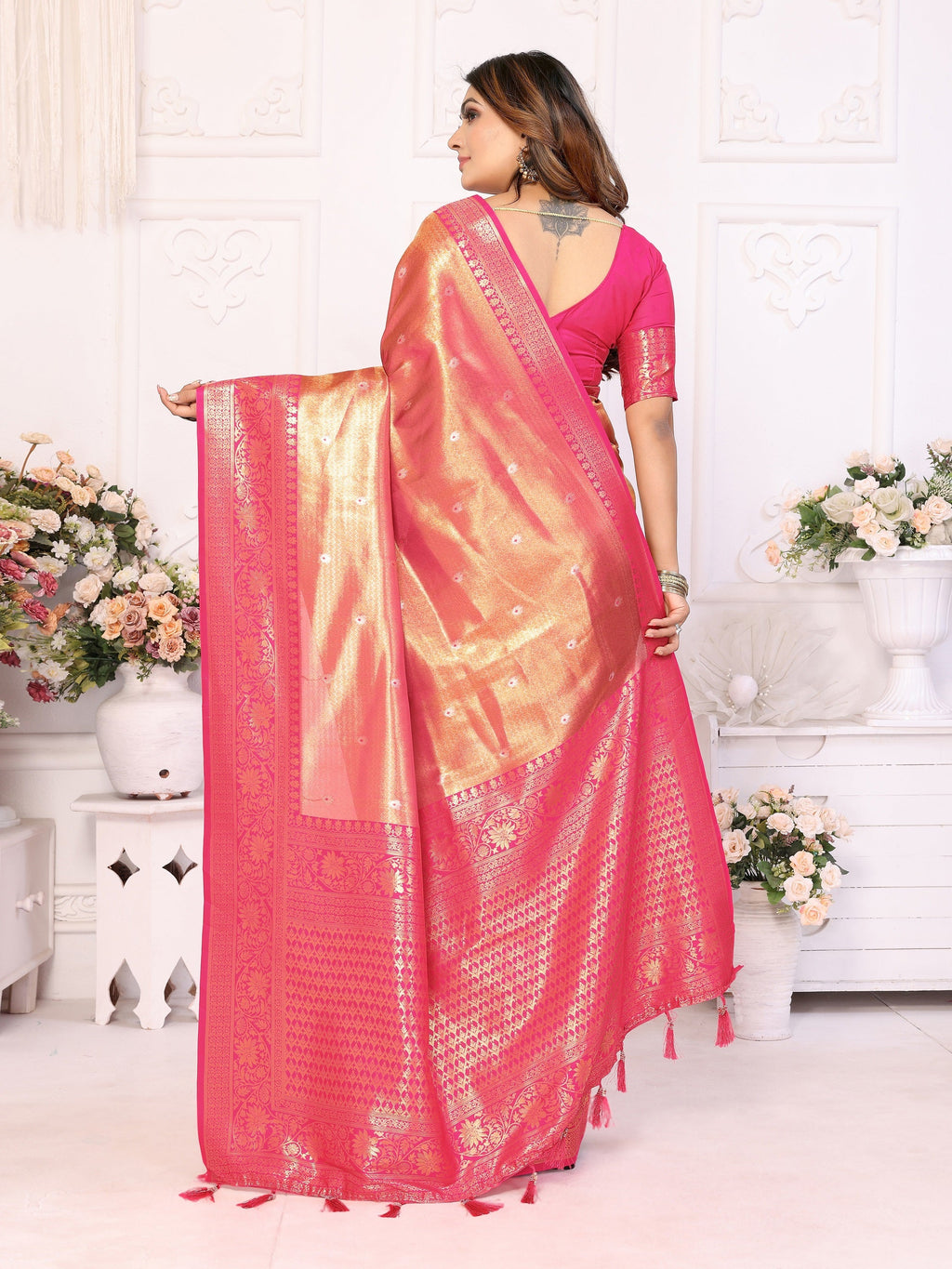 Vedant Vastram Tissue Silk Kanjeevaram Silk Saree - Pink - Distacart