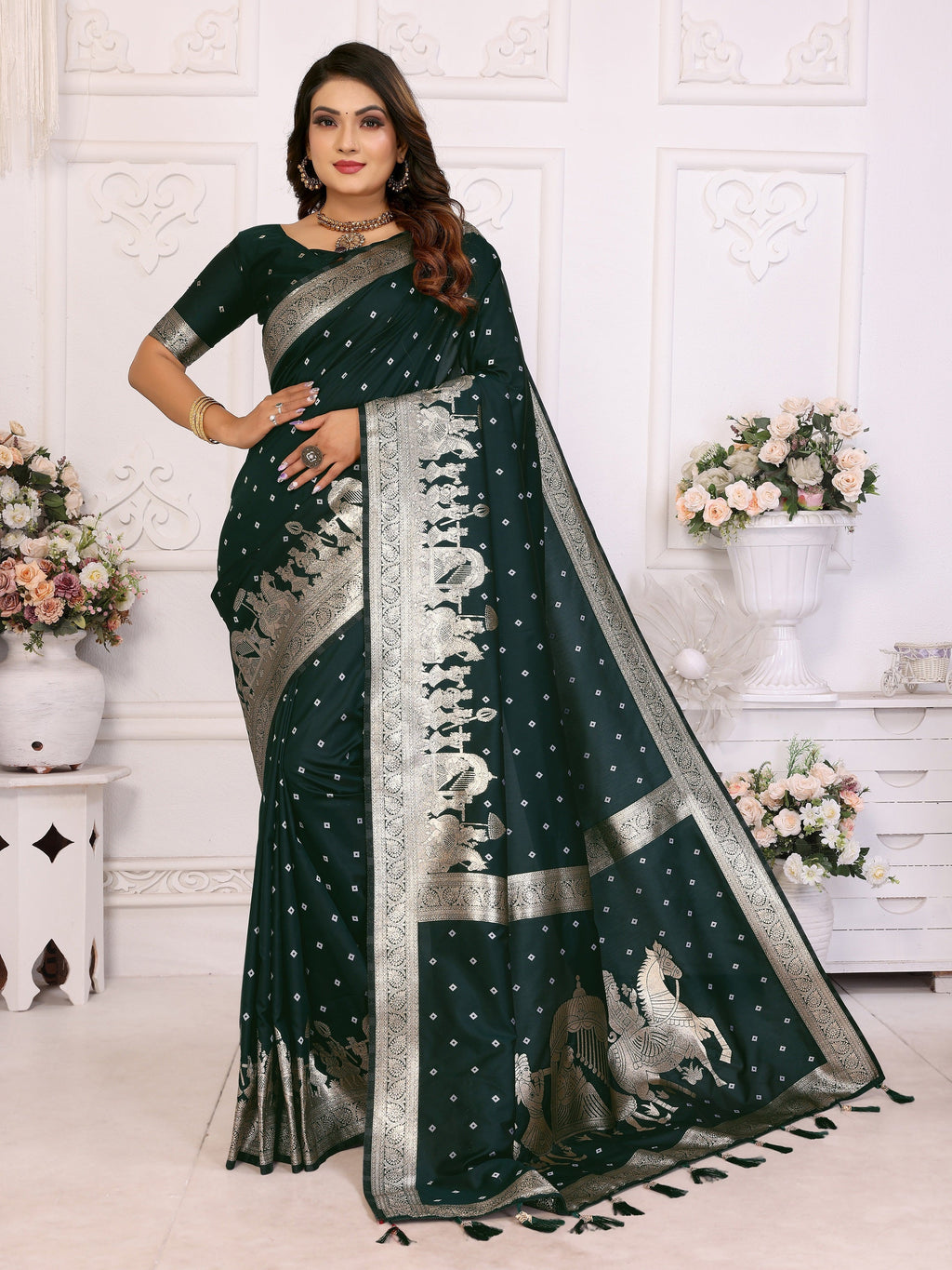 Vedant Vastram Soft Litchi Silk Banarasi Silk Saree - Green - Distacart
