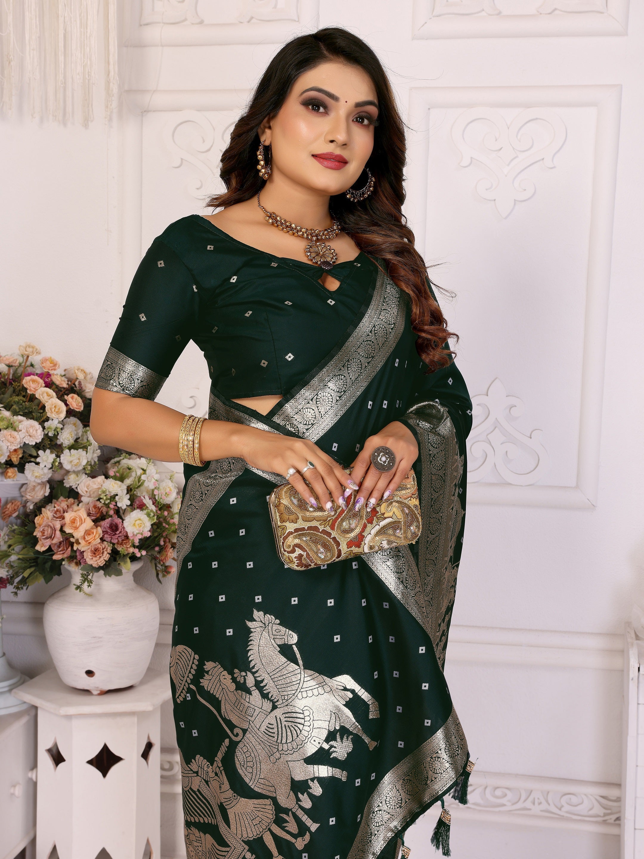 Vedant Vastram Soft Litchi Silk Banarasi Silk Saree - Green - Distacart