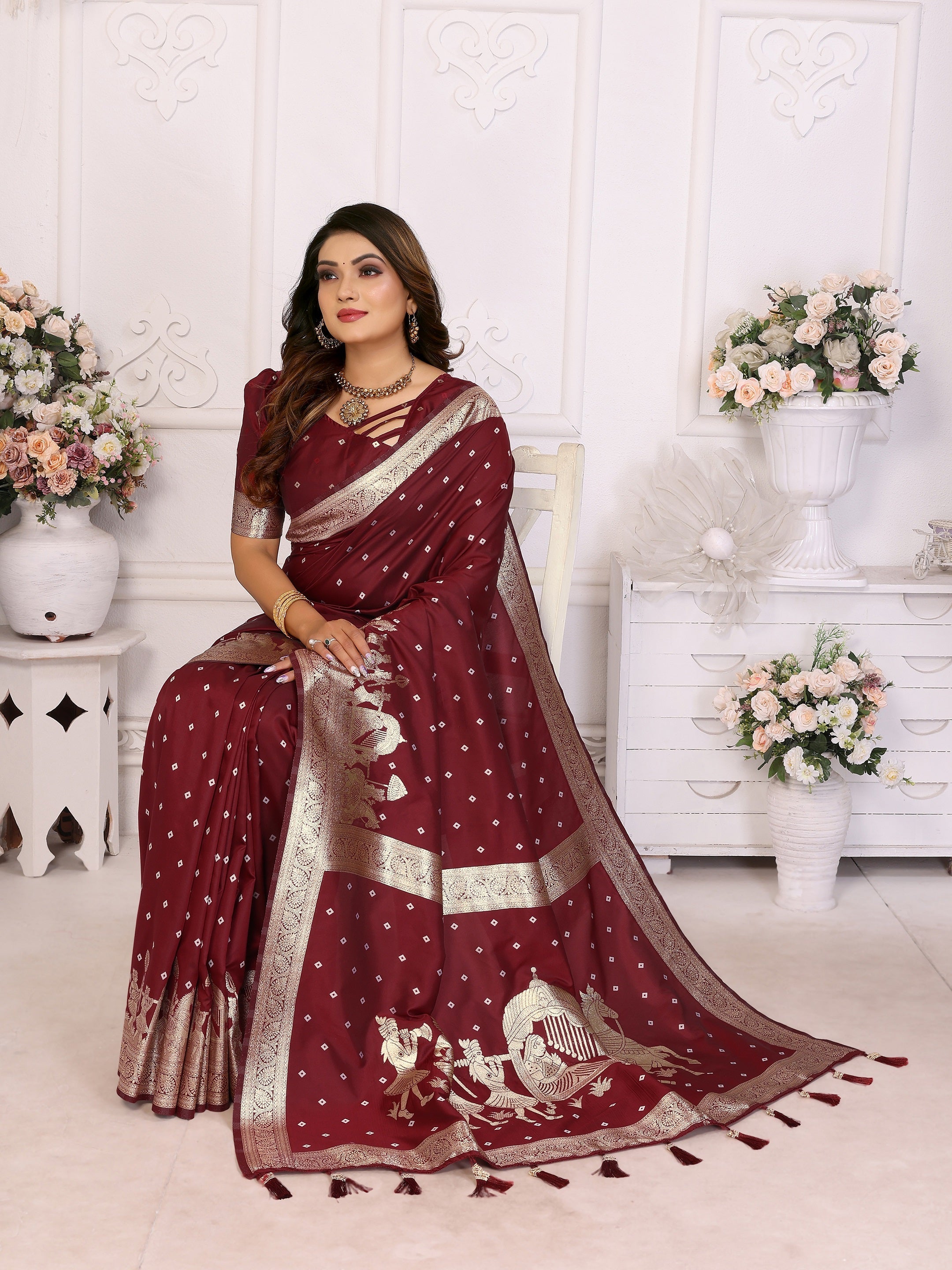 Vedant Vastram Soft Litchi Silk Banarasi Silk Saree - Maroon - Distacart