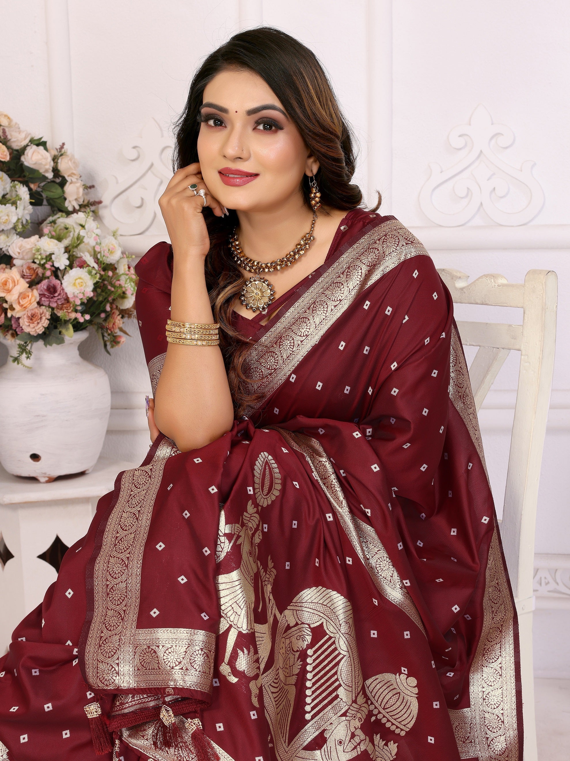 Vedant Vastram Soft Litchi Silk Banarasi Silk Saree - Maroon - Distacart
