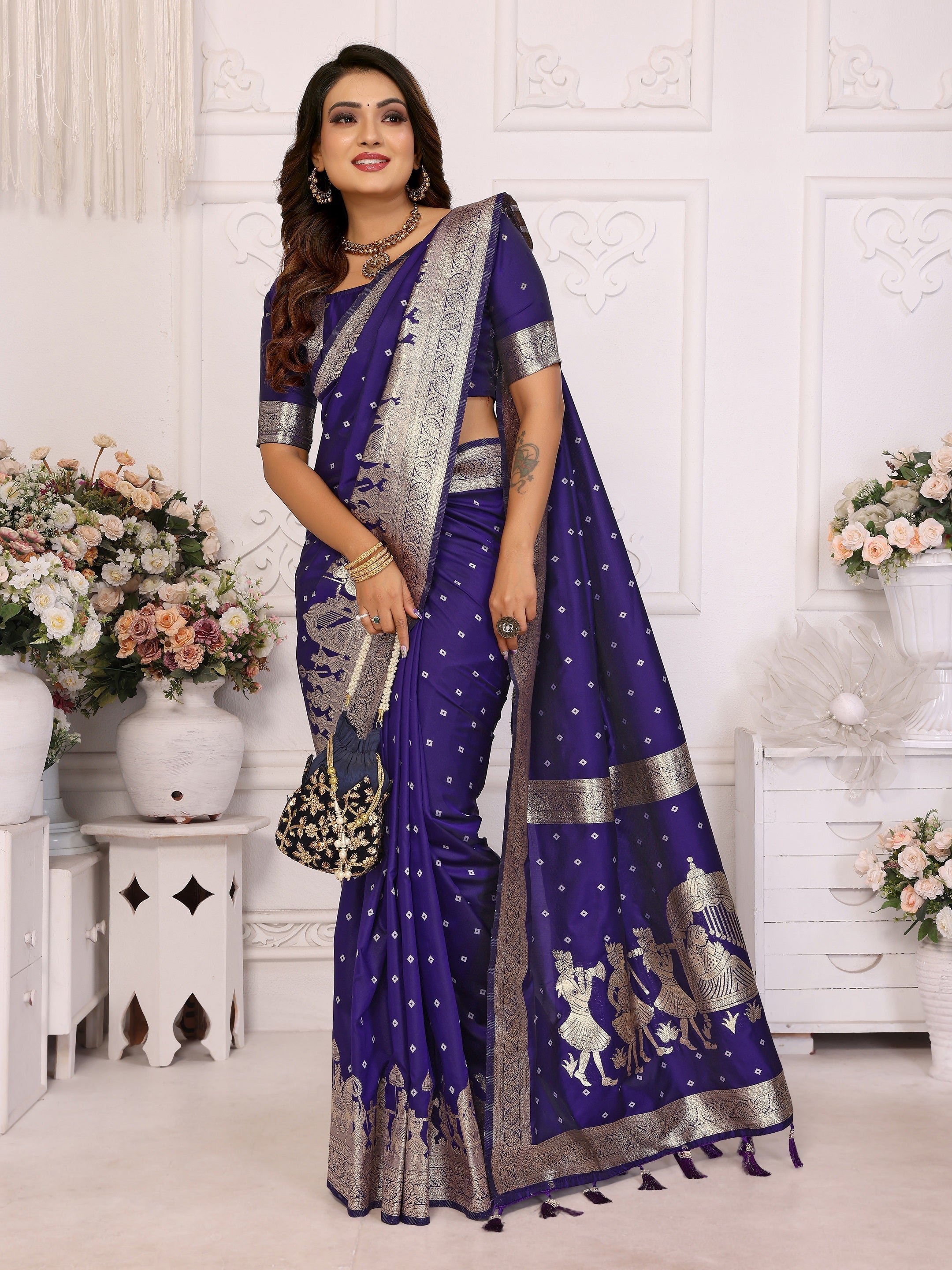 Vedant Vastram Soft Litchi Silk Banarasi Silk Saree - Navy