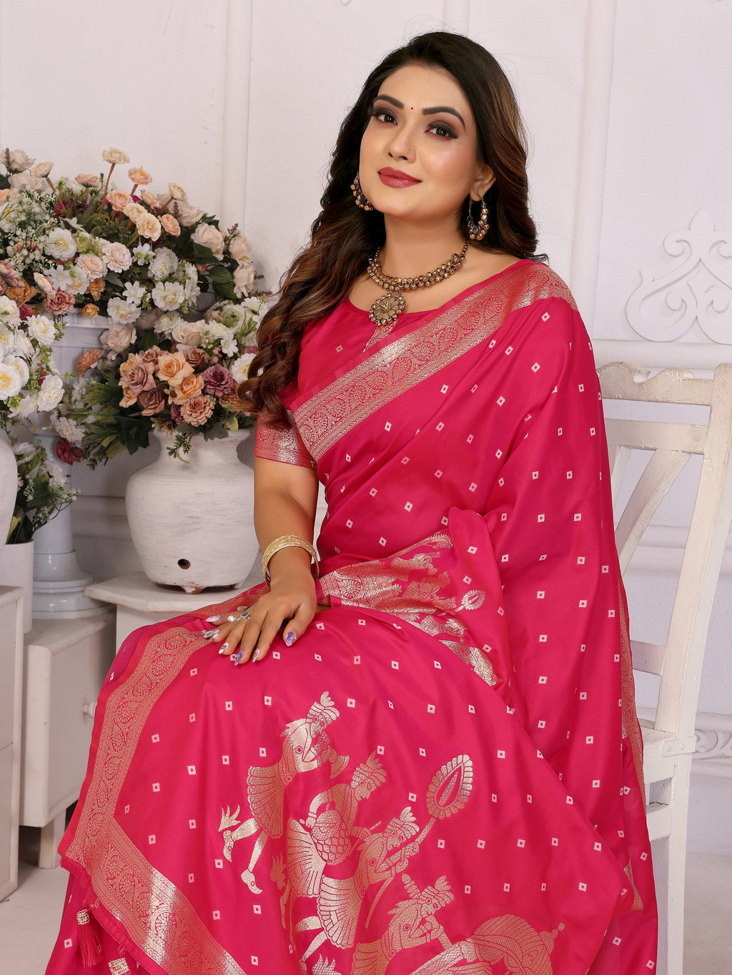 Vedant Vastram Soft Litchi Silk Banarasi Silk Saree - Rani - Distacart