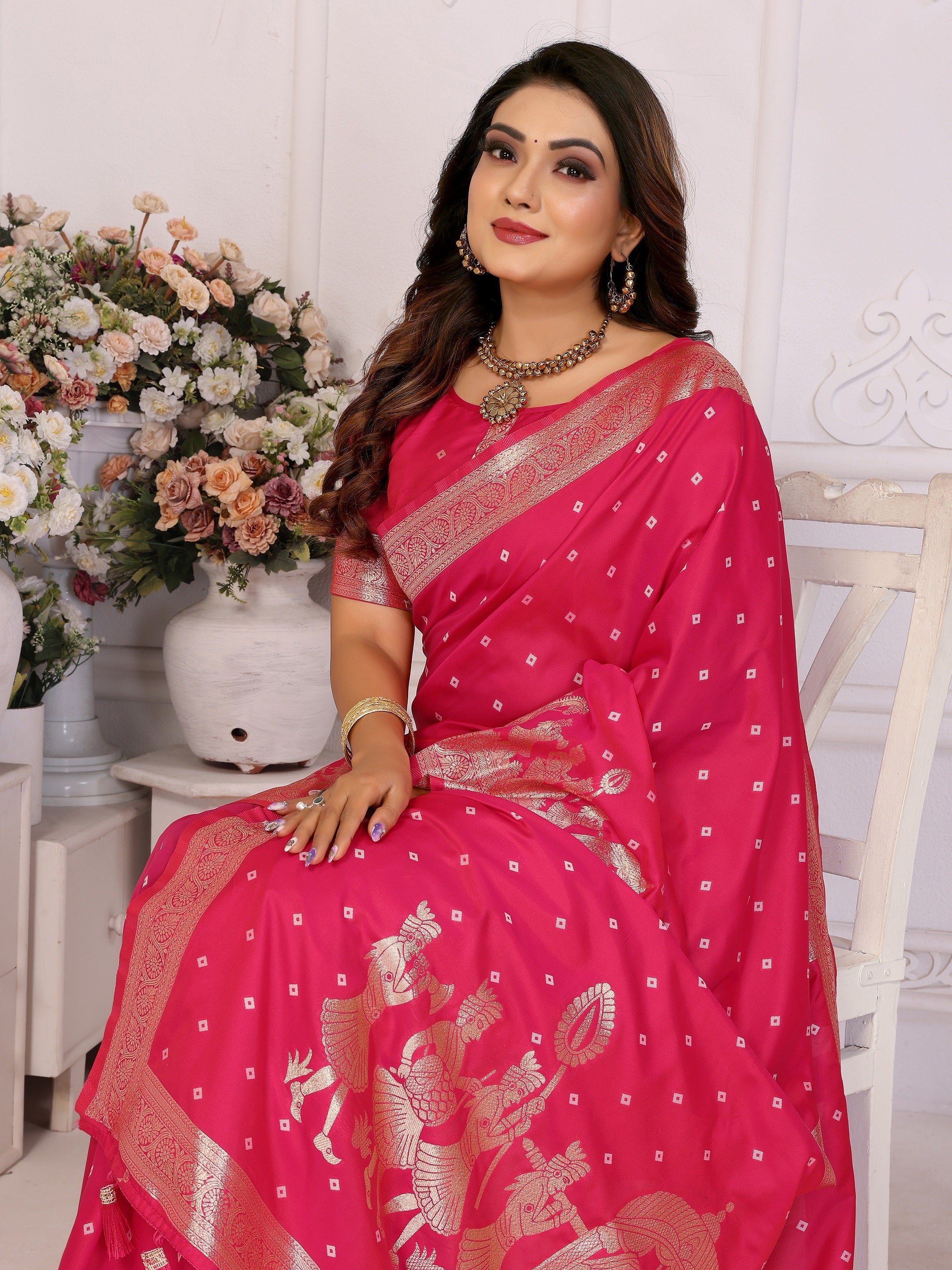 Vedant Vastram Soft Litchi Silk Banarasi Silk Saree - Rani - Distacart