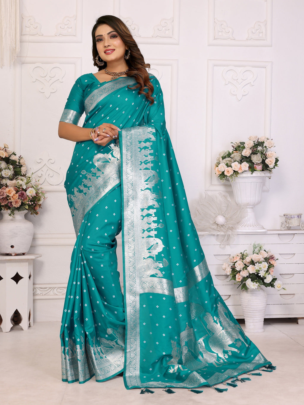 Vedant Vastram Soft Litchi Silk Banarasi Silk Saree - Turquoise