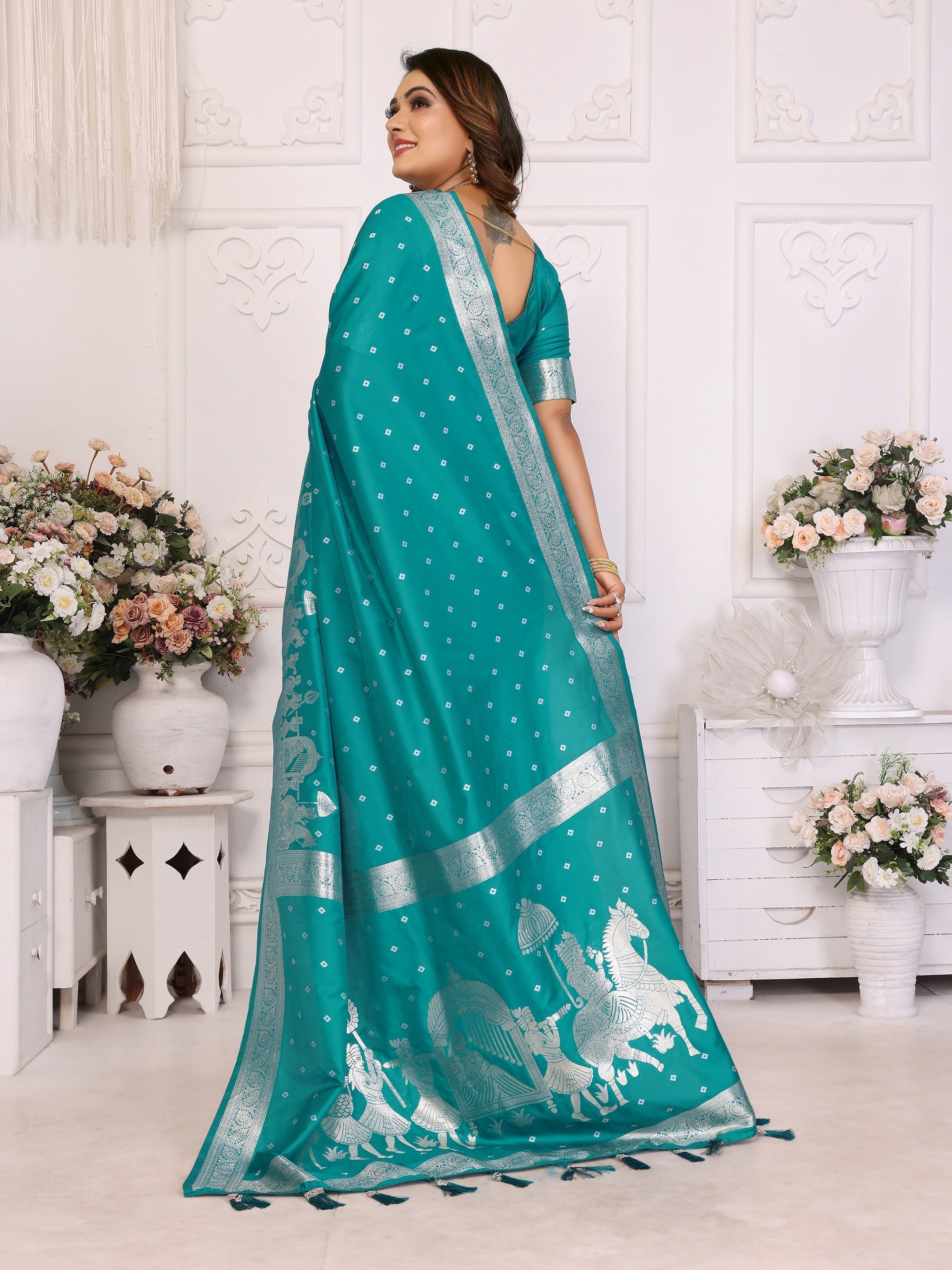 Vedant Vastram Soft Litchi Silk Banarasi Silk Saree - Turquoise