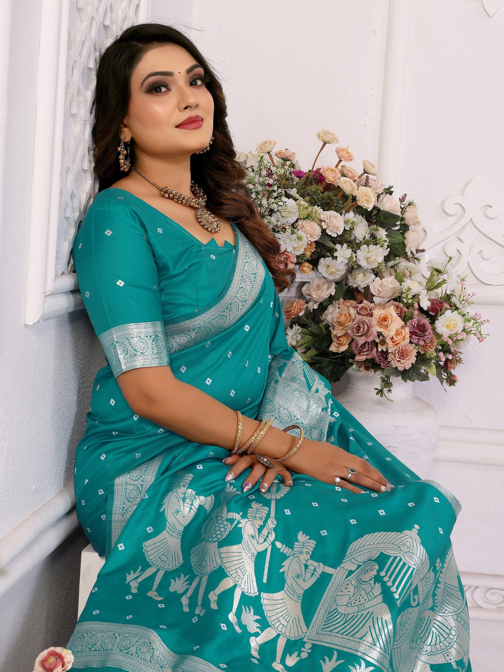 Vedant Vastram Soft Litchi Silk Banarasi Silk Saree - Turquoise