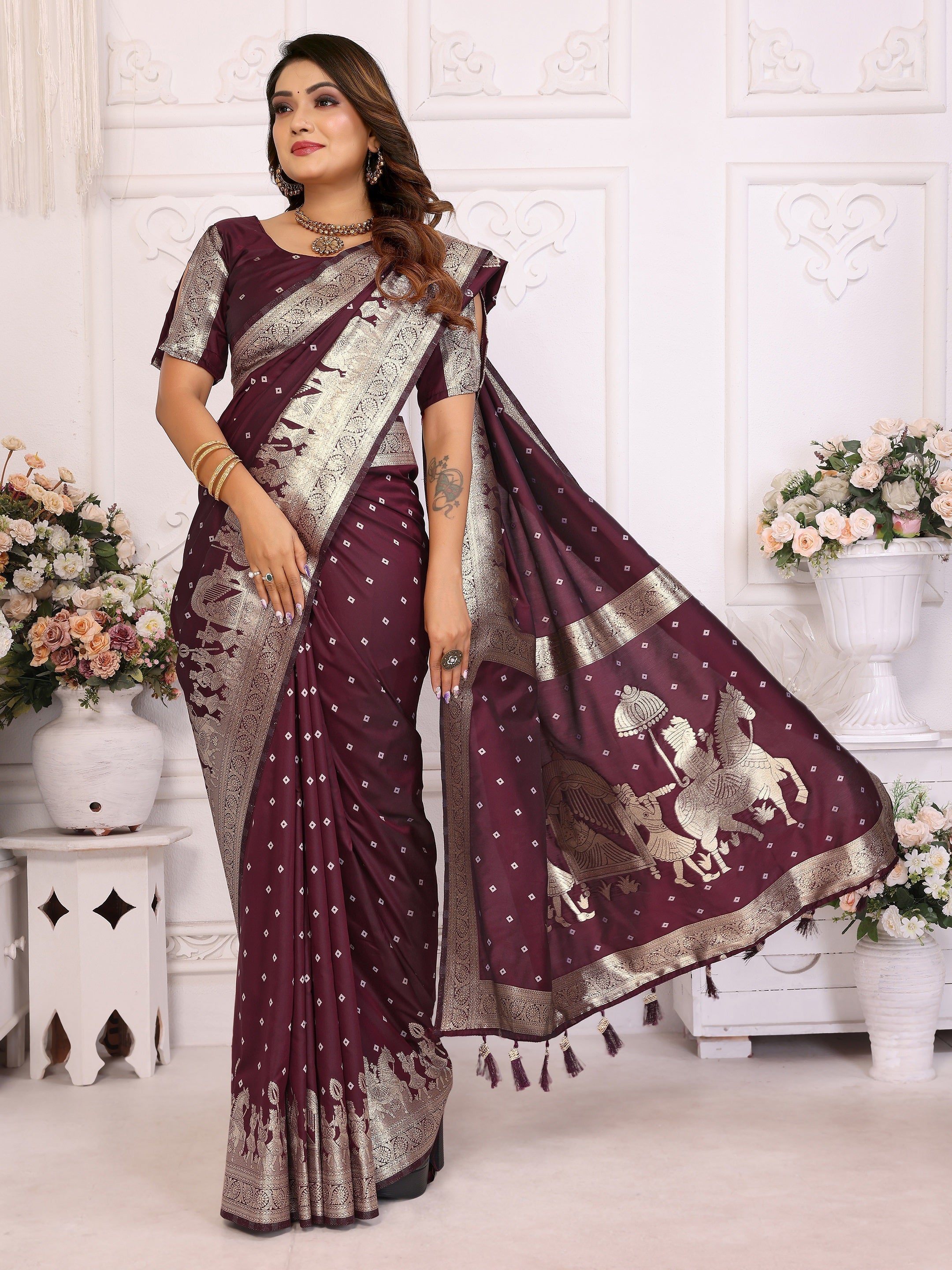 Vedant Vastram Soft Litchi Silk Banarasi Silk Saree - Wine - Distacart