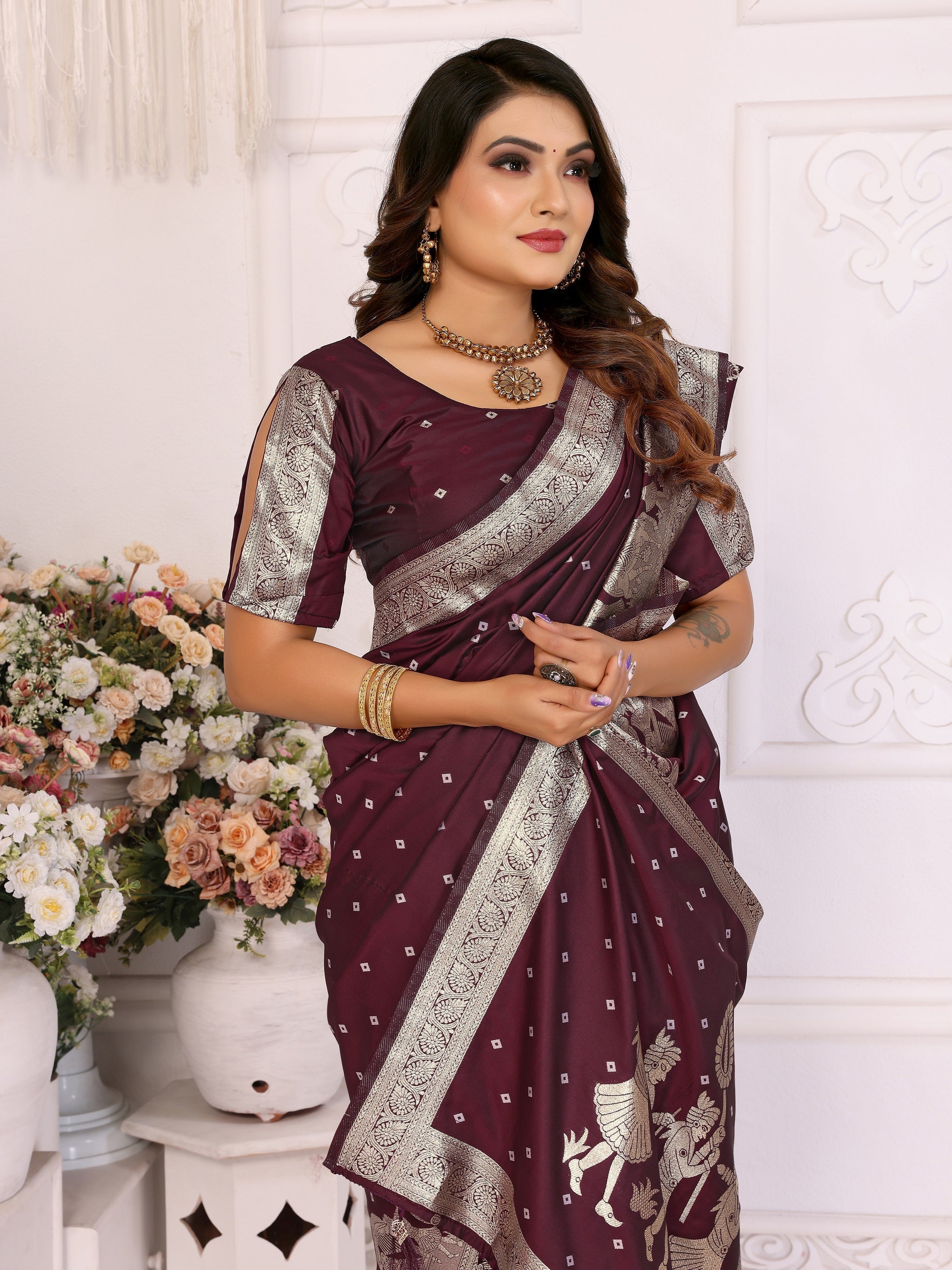 Vedant Vastram Soft Litchi Silk Banarasi Silk Saree - Wine - Distacart