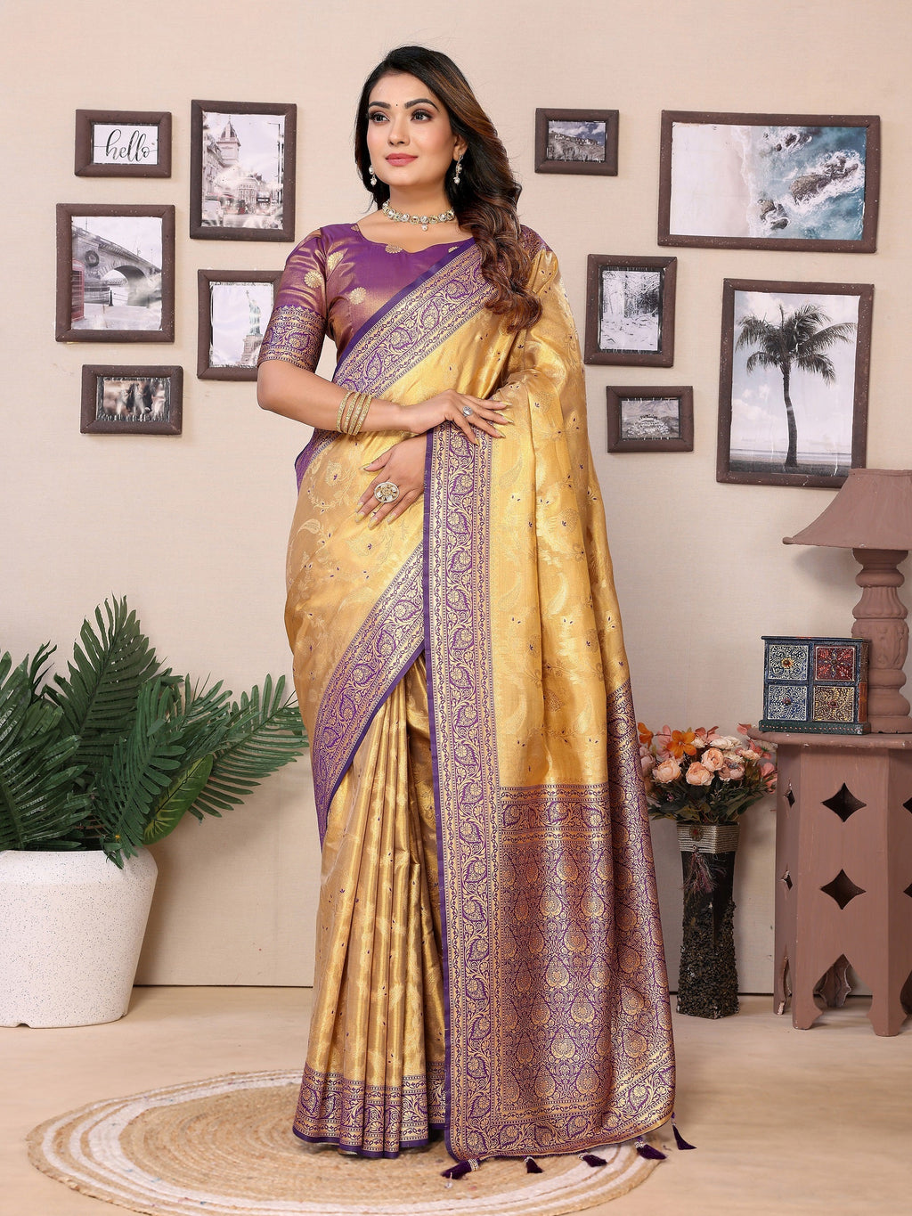 Vedant Vastram Tissue Silk Kanjeevaram Silk Saree - Gold - Distacart