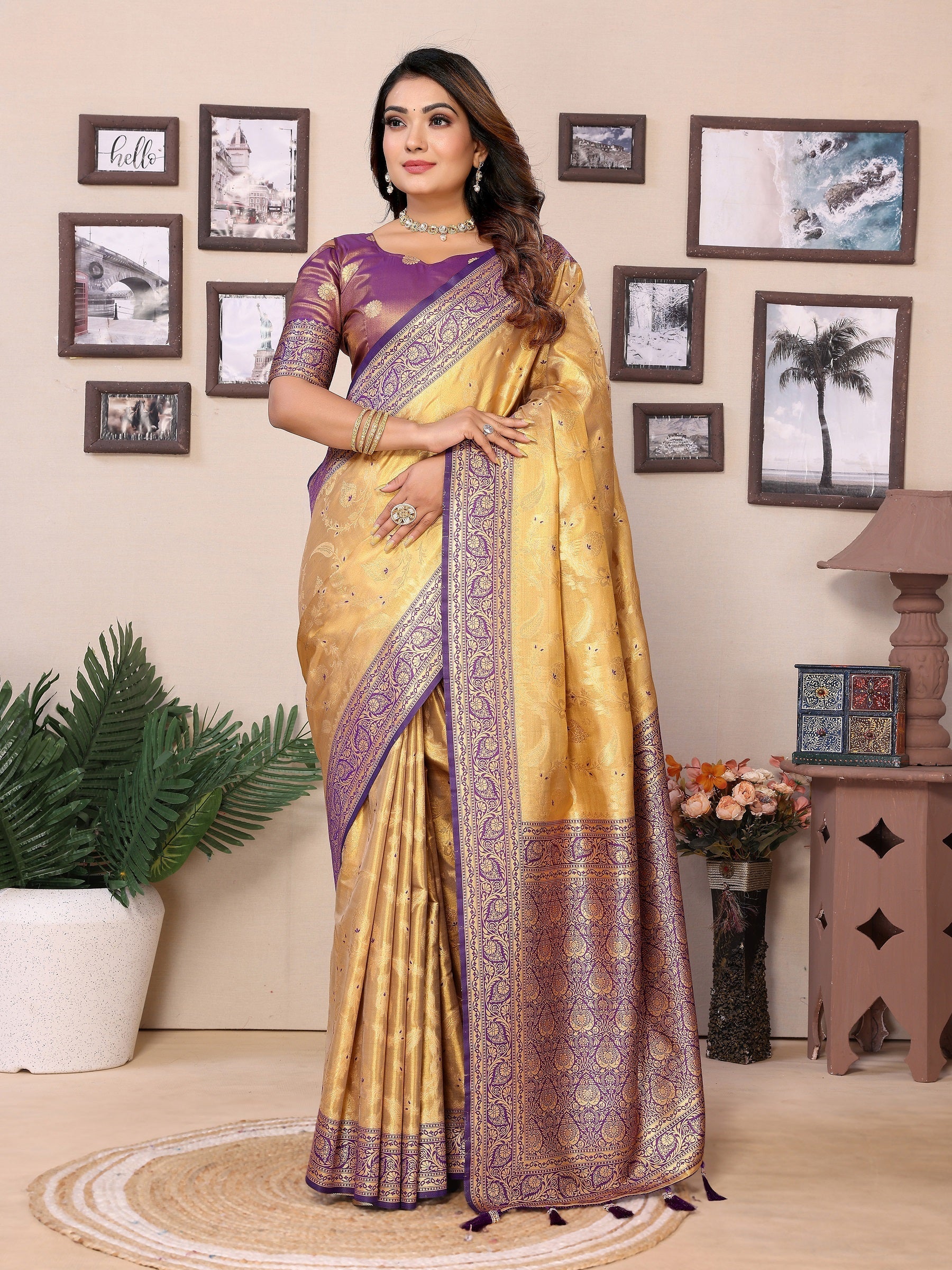 Vedant Vastram Tissue Silk Kanjeevaram Silk Saree - Gold - Distacart