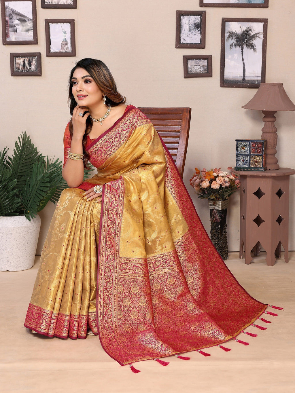 Vedant Vastram Tissue Silk Kanjeevaram Silk Saree - Mustard - Distacart