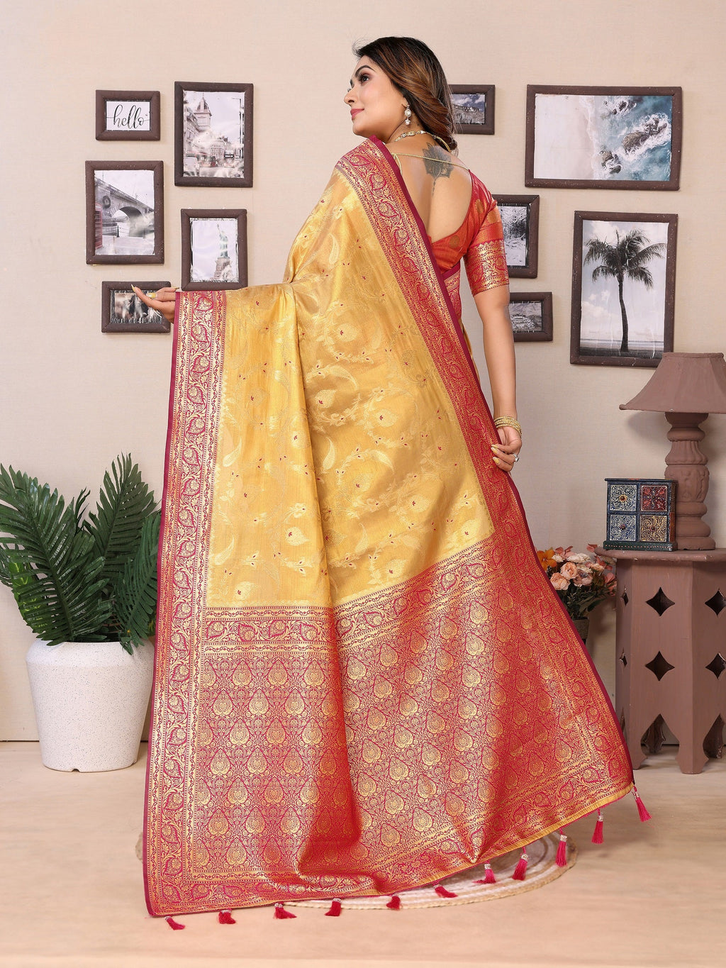 Vedant Vastram Tissue Silk Kanjeevaram Silk Saree - Mustard - Distacart