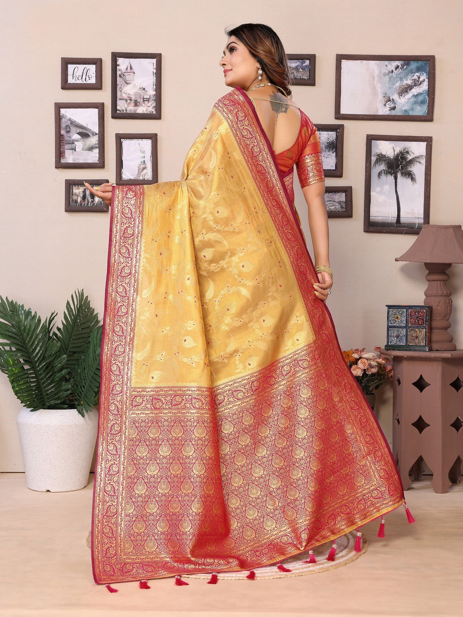 Vedant Vastram Tissue Silk Kanjeevaram Silk Saree - Mustard - Distacart