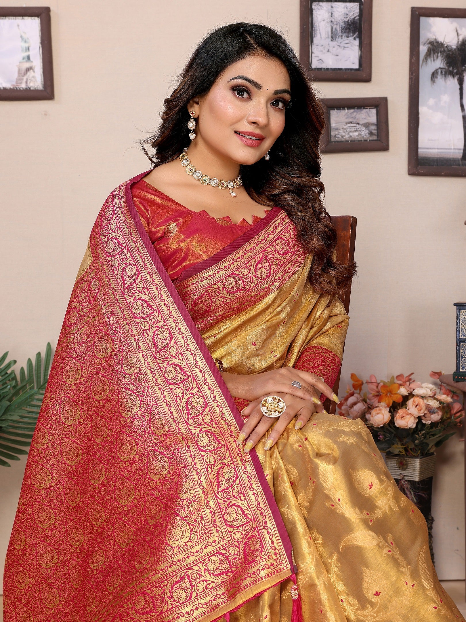 Vedant Vastram Tissue Silk Kanjeevaram Silk Saree - Mustard - Distacart