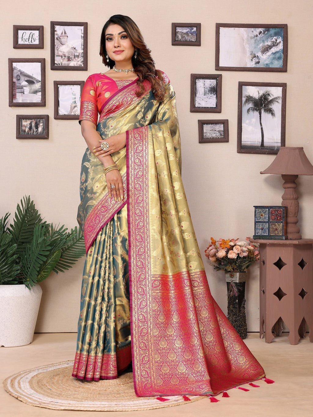 Vedant Vastram Tissue Silk Kanjeevaram Silk Saree - Olive - Distacart