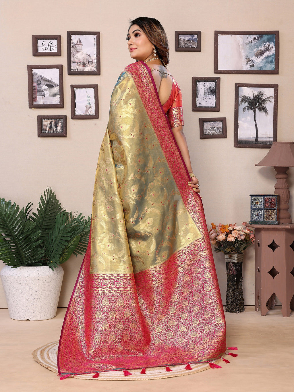 Vedant Vastram Tissue Silk Kanjeevaram Silk Saree - Olive - Distacart