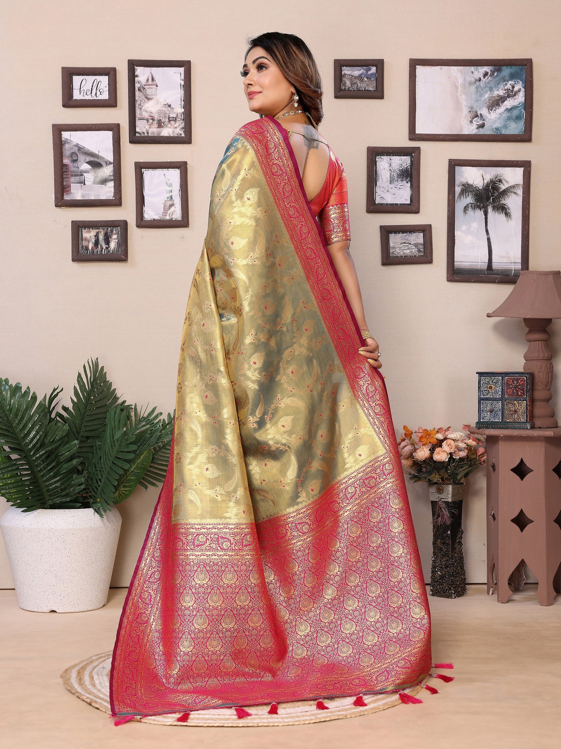 Vedant Vastram Tissue Silk Kanjeevaram Silk Saree - Olive - Distacart