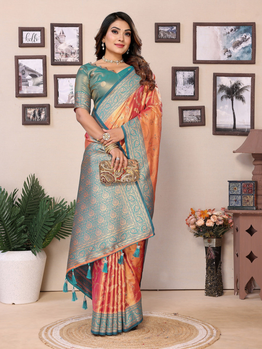 Vedant Vastram Tissue Silk Kanjeevaram Silk Saree - Orange - Distacart