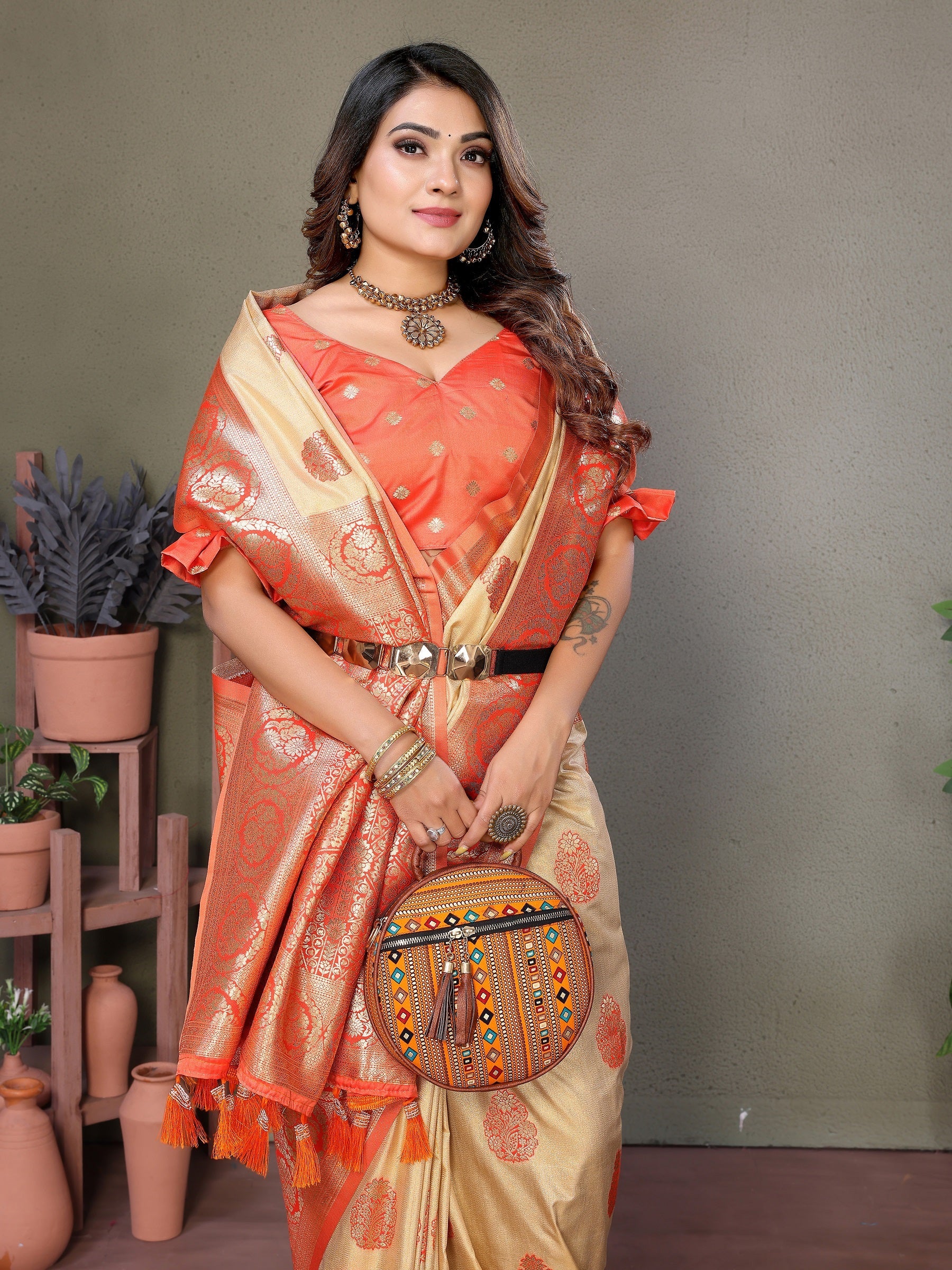 Vedant Vastram Viscose Silk Kanjeevaram Silk Saree - Orange - Distacart